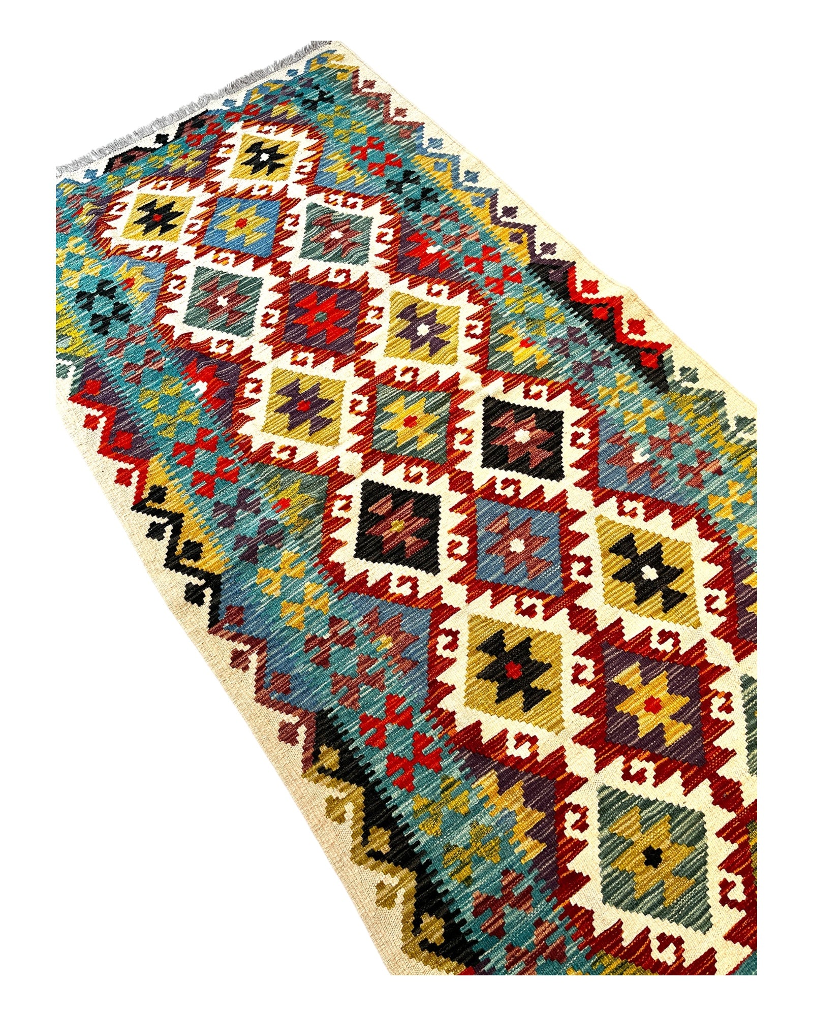 200cm x 100cm Teal, Red & Cream Maymana Kilim Runner
