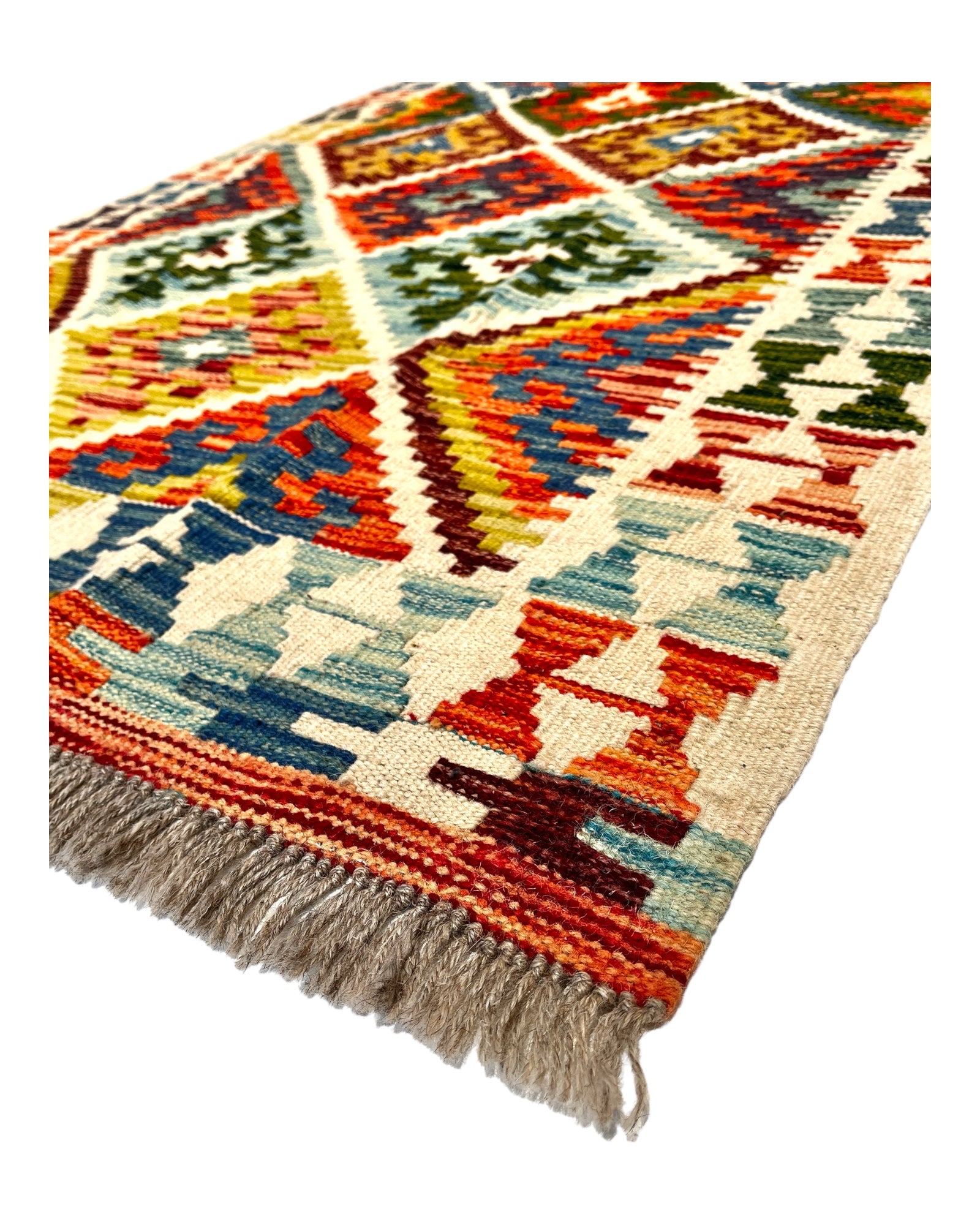 207cm x 100cm Cream & Green Maymana Kilim Runner