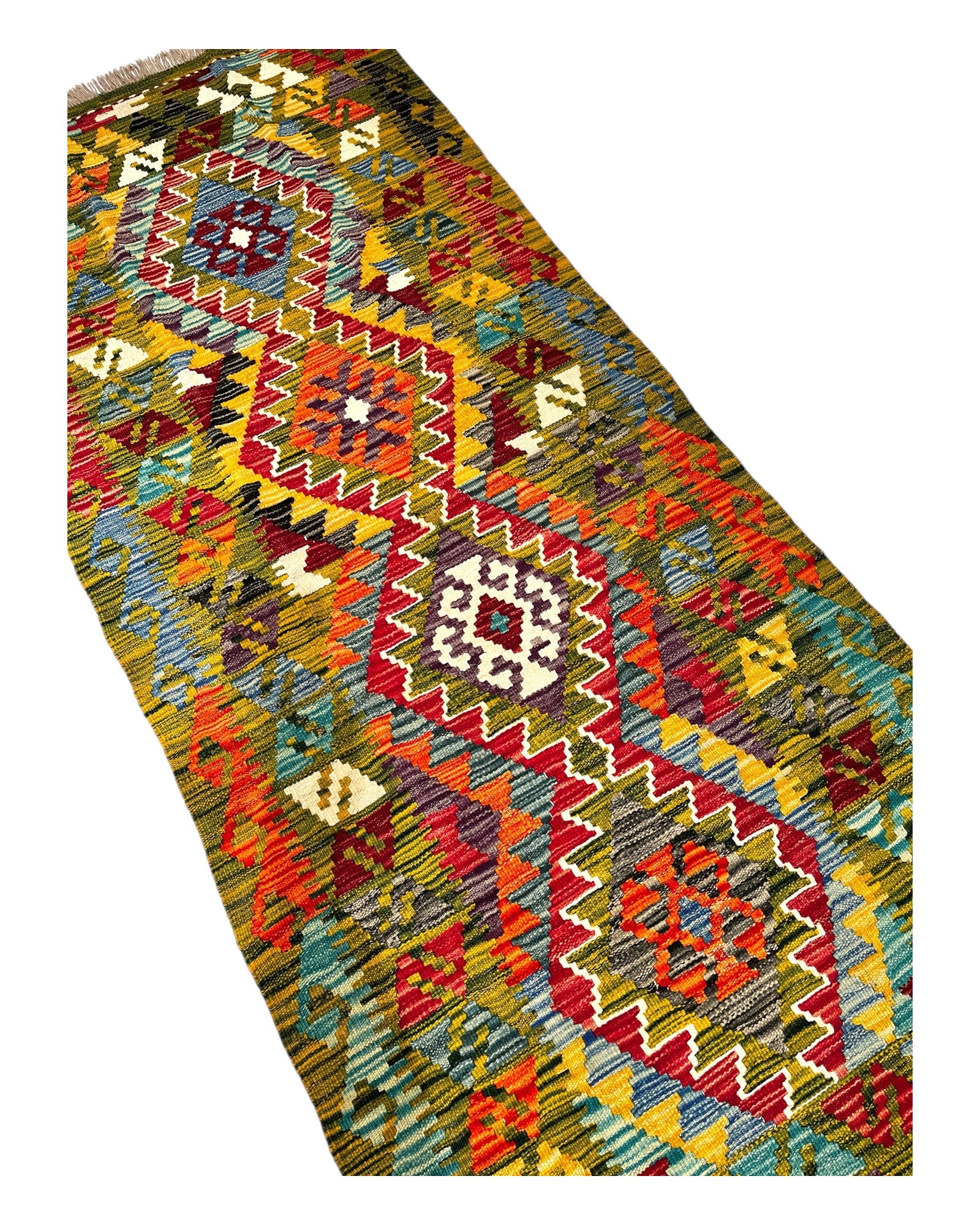 195cm x 80cm Green & Pink Maymana Kilim Runner