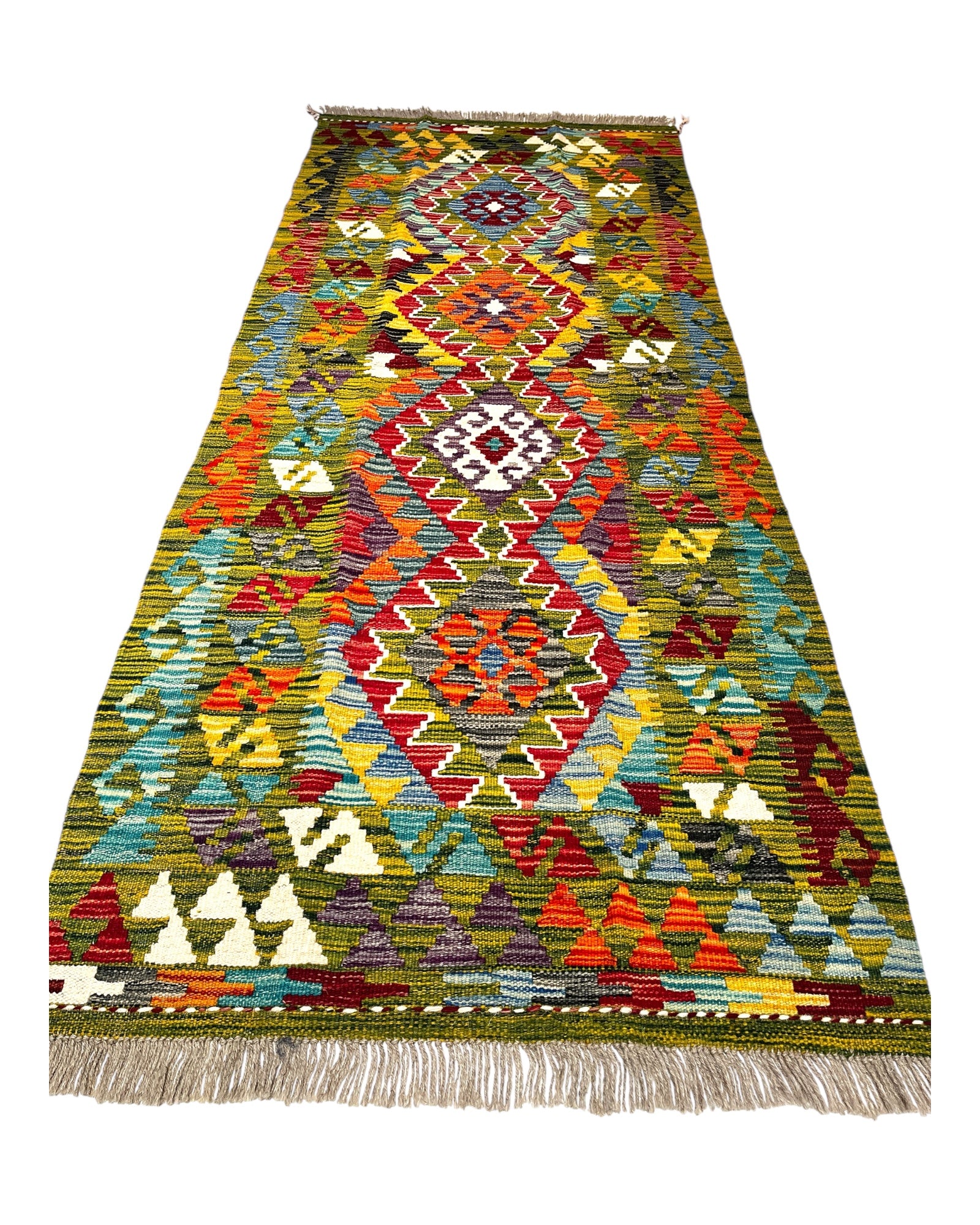 195cm x 80cm Green & Pink Maymana Kilim Runner