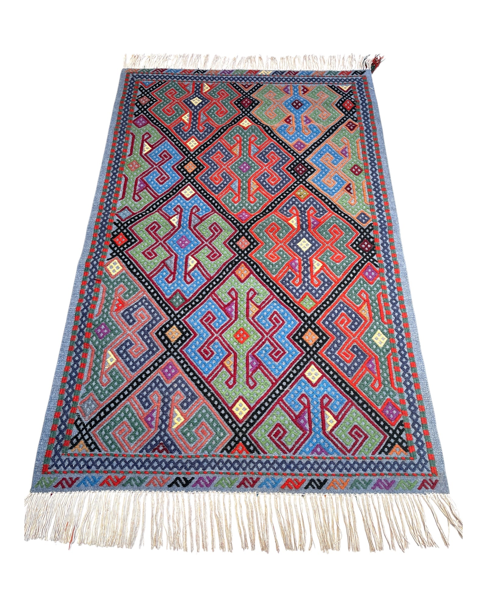 123cm x 77cm Blue & Coral Turkoman Kilim