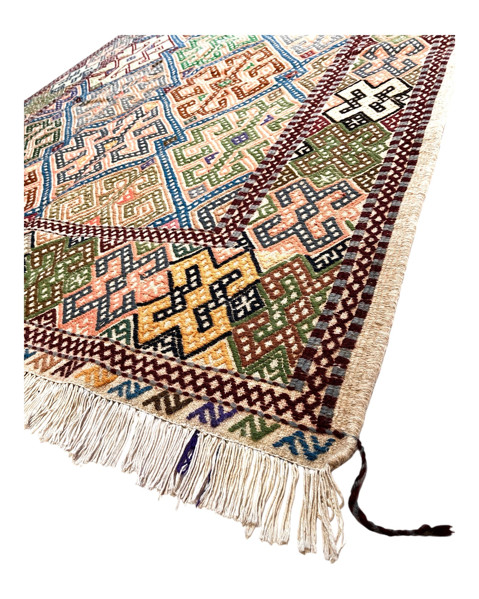 200cm x 150cm Green & Coral Turkoman Kilim