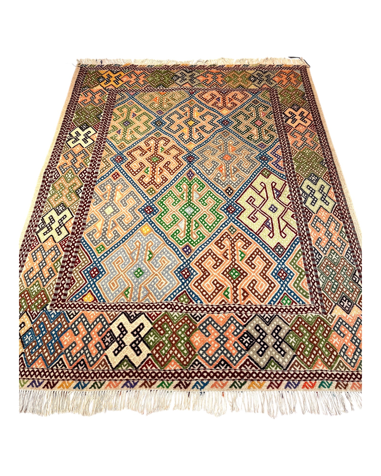 200cm x 150cm Green & Coral Turkoman Kilim