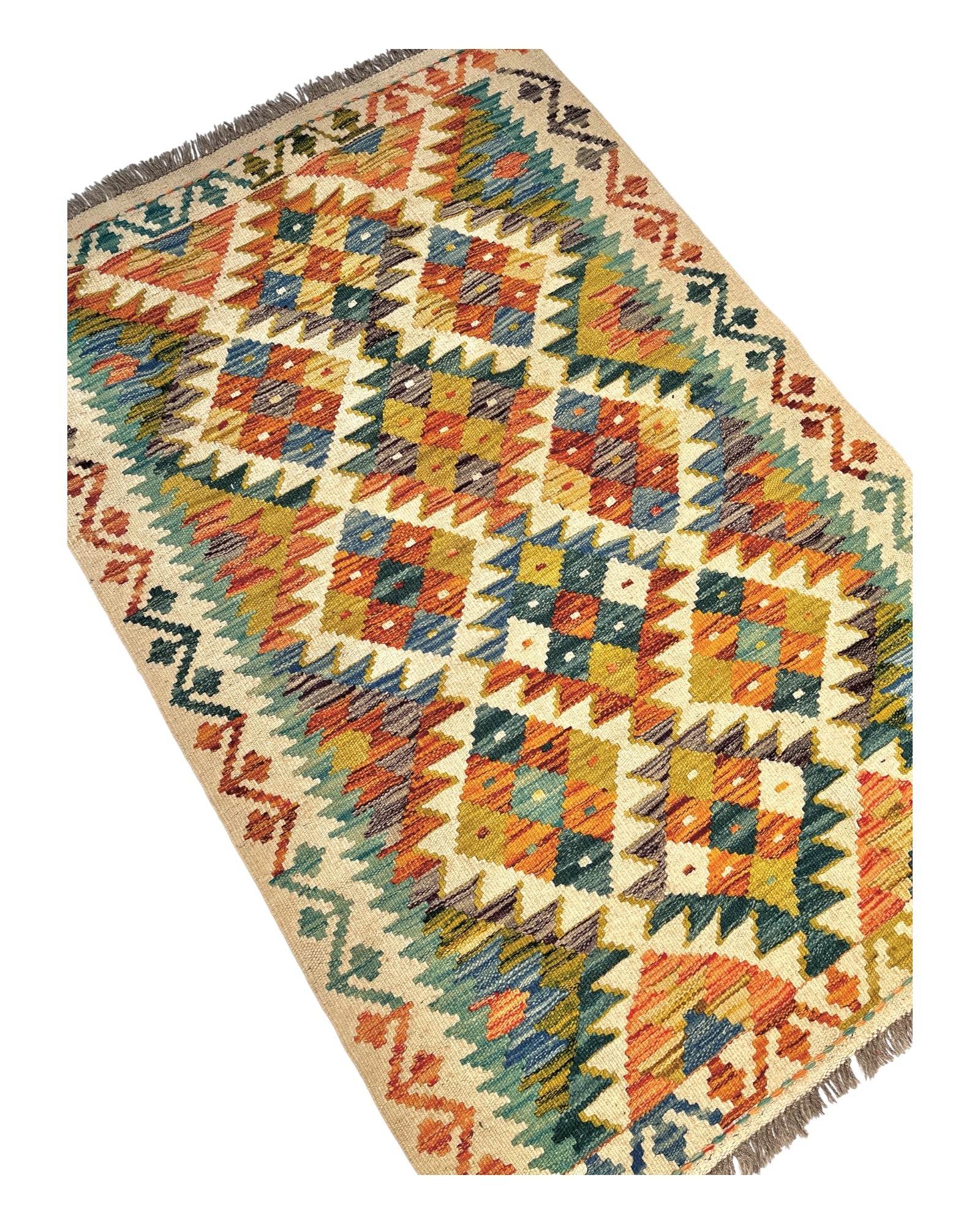 120cm x 81cm Cream & Turquoise Maymana Kilim