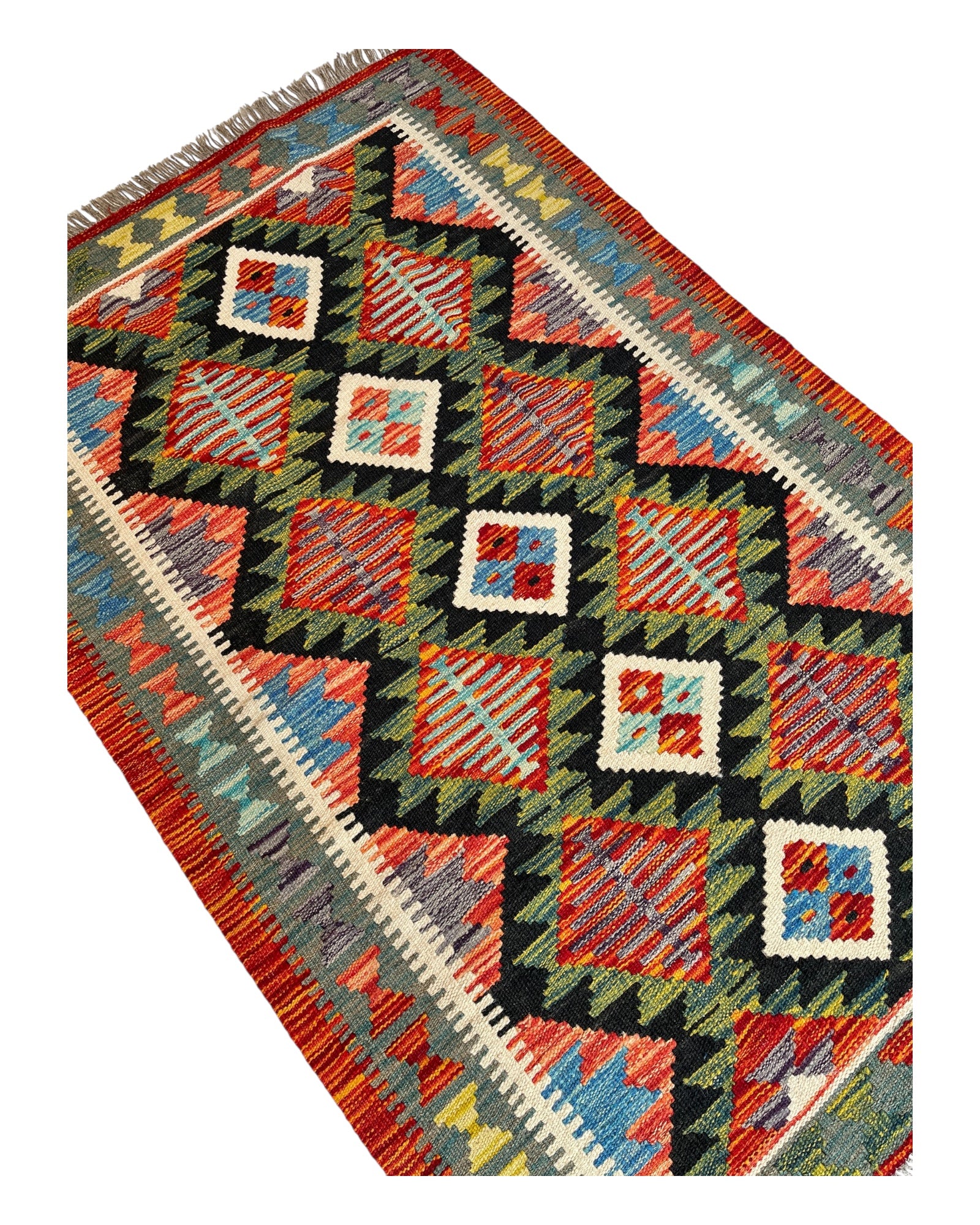 152cm x 100cm Green & Black Maymana Kilim