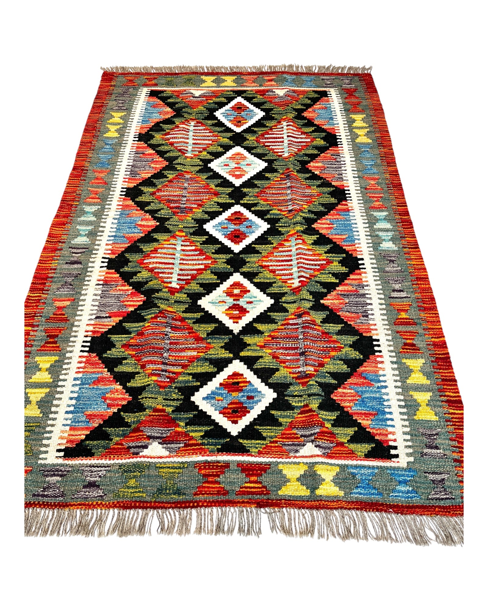 152cm x 100cm Green & Black Maymana Kilim