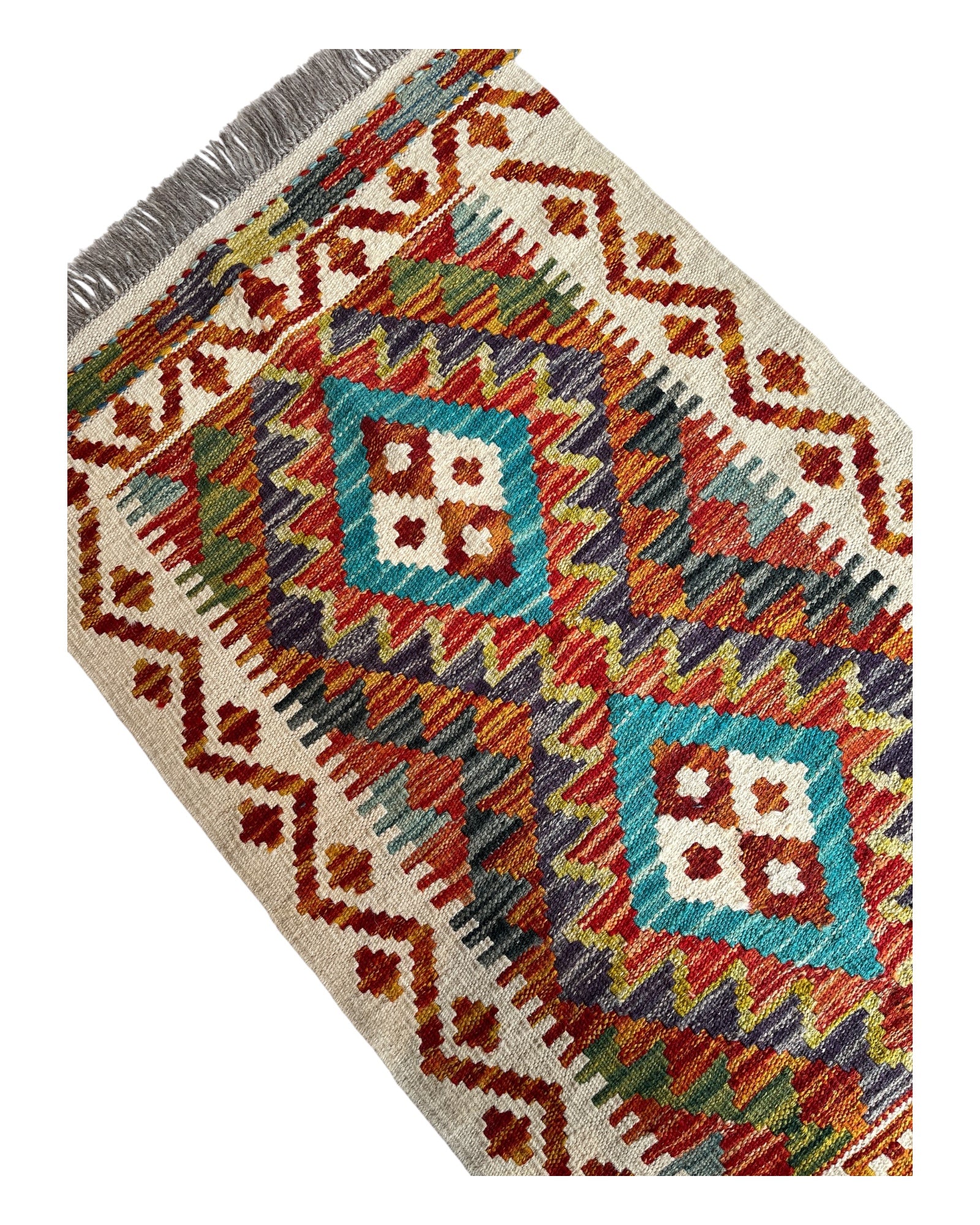 94cm x 58cm Turquoise & Orange Maymana Kilim Doormat