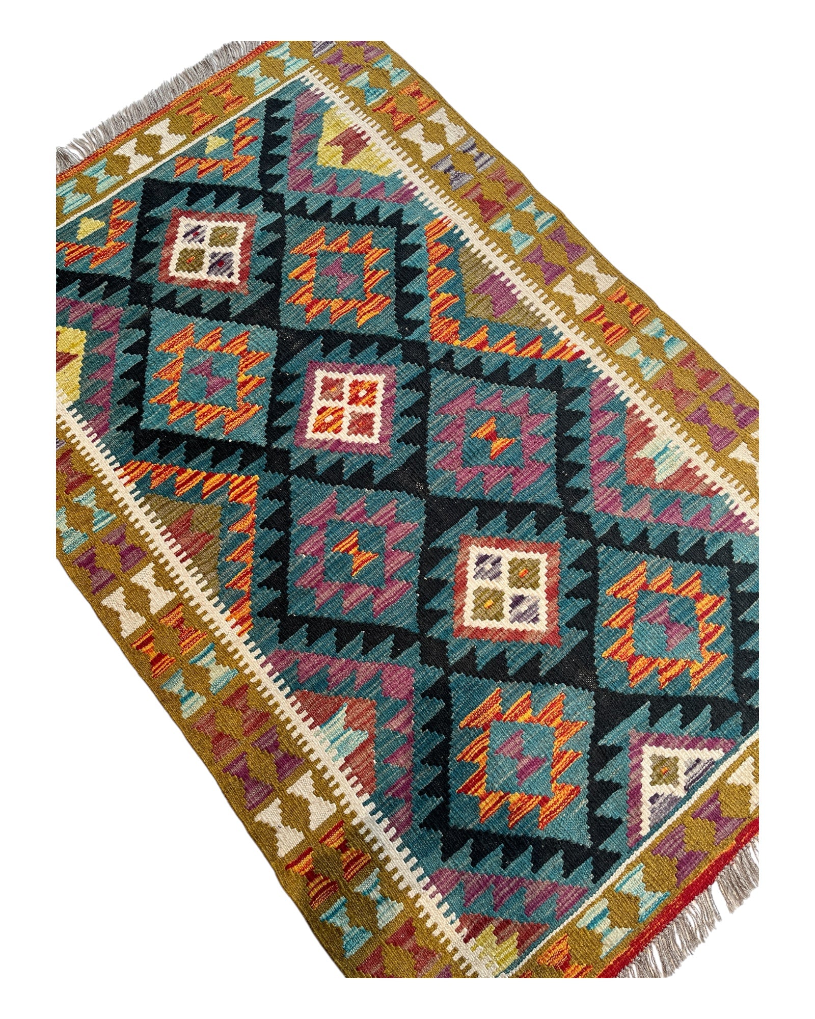 152cm x 100cm Petrol Blue & Ochre Maymana Kilim