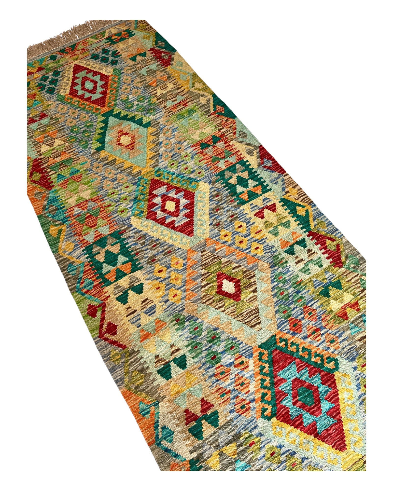 297cm x 90cm Green & Mustard Maymana Kilim Runner