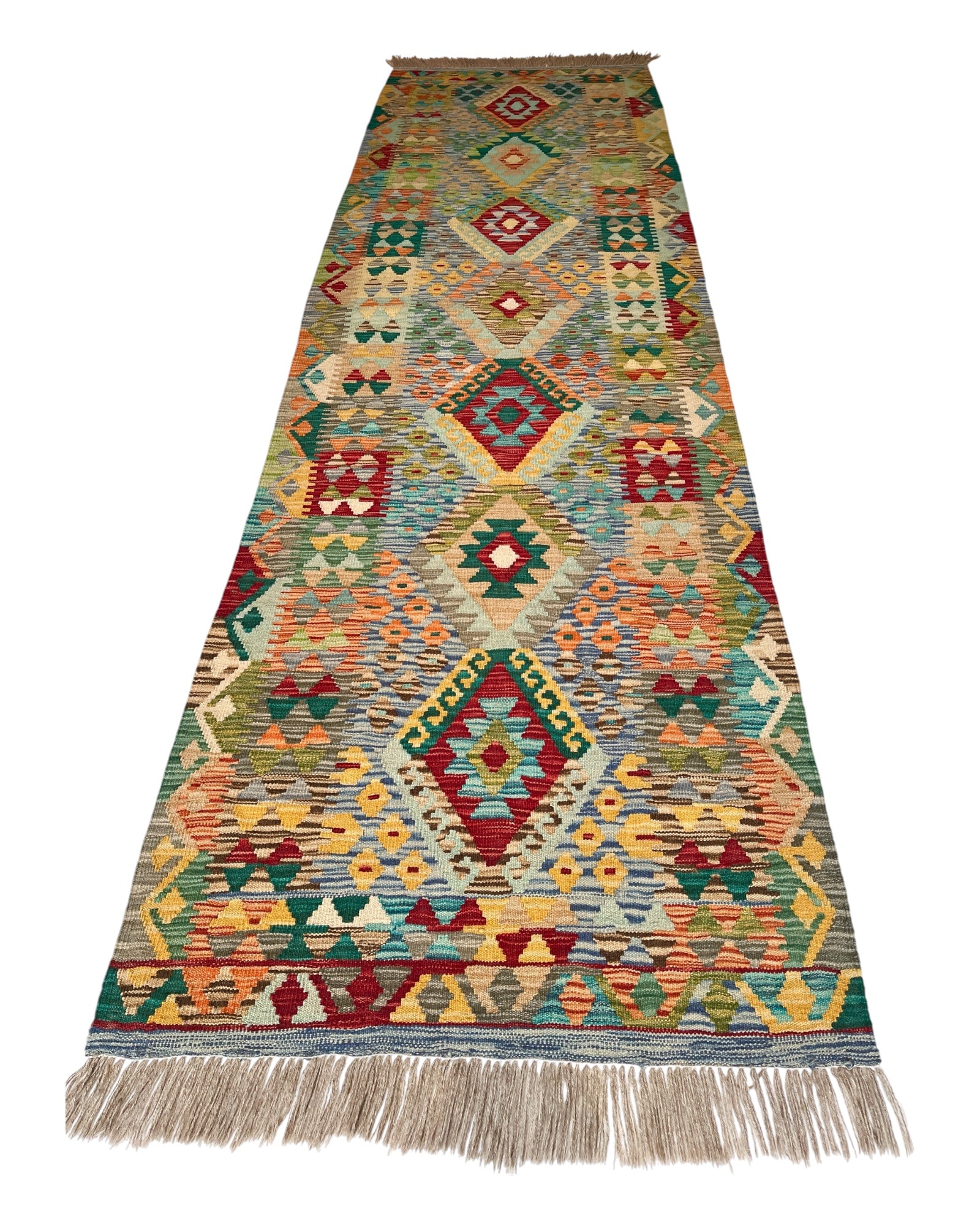 297cm x 90cm Green & Mustard Maymana Kilim Runner