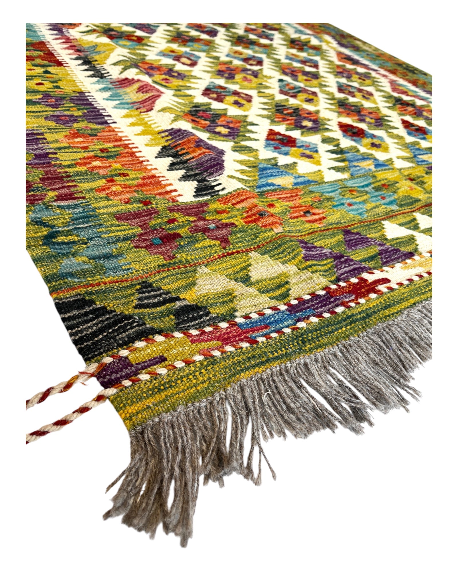 189cm x 126cm Green & Cream Maymana Kilim