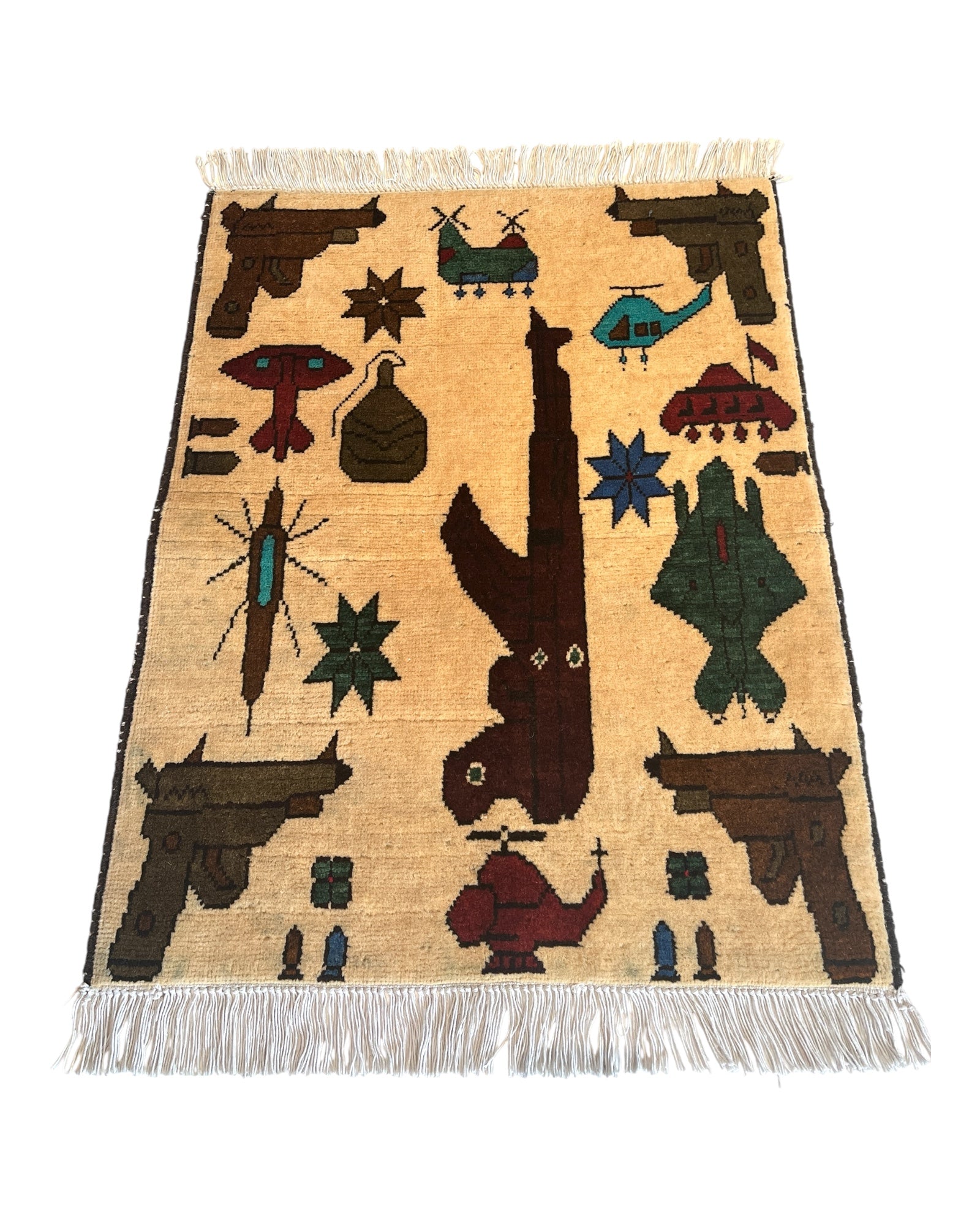 80cm x 62cm Cream, Brown & Burgundy War Rug