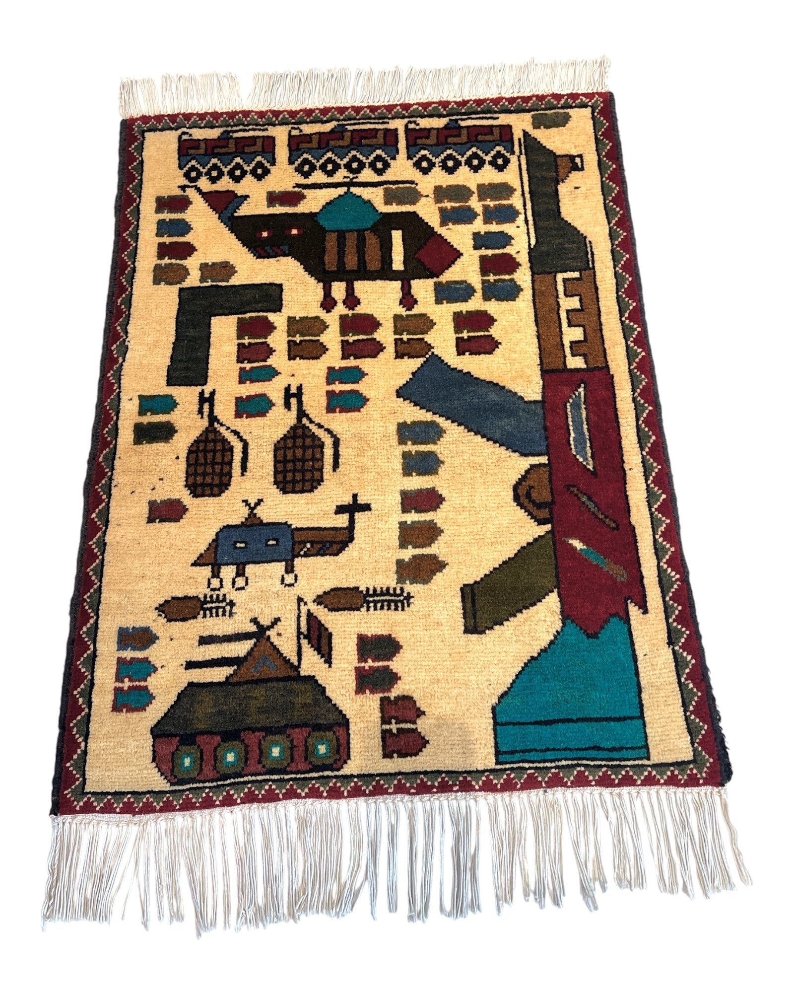 82cm x 60cm Cream, Burgundy & Teal War Rug