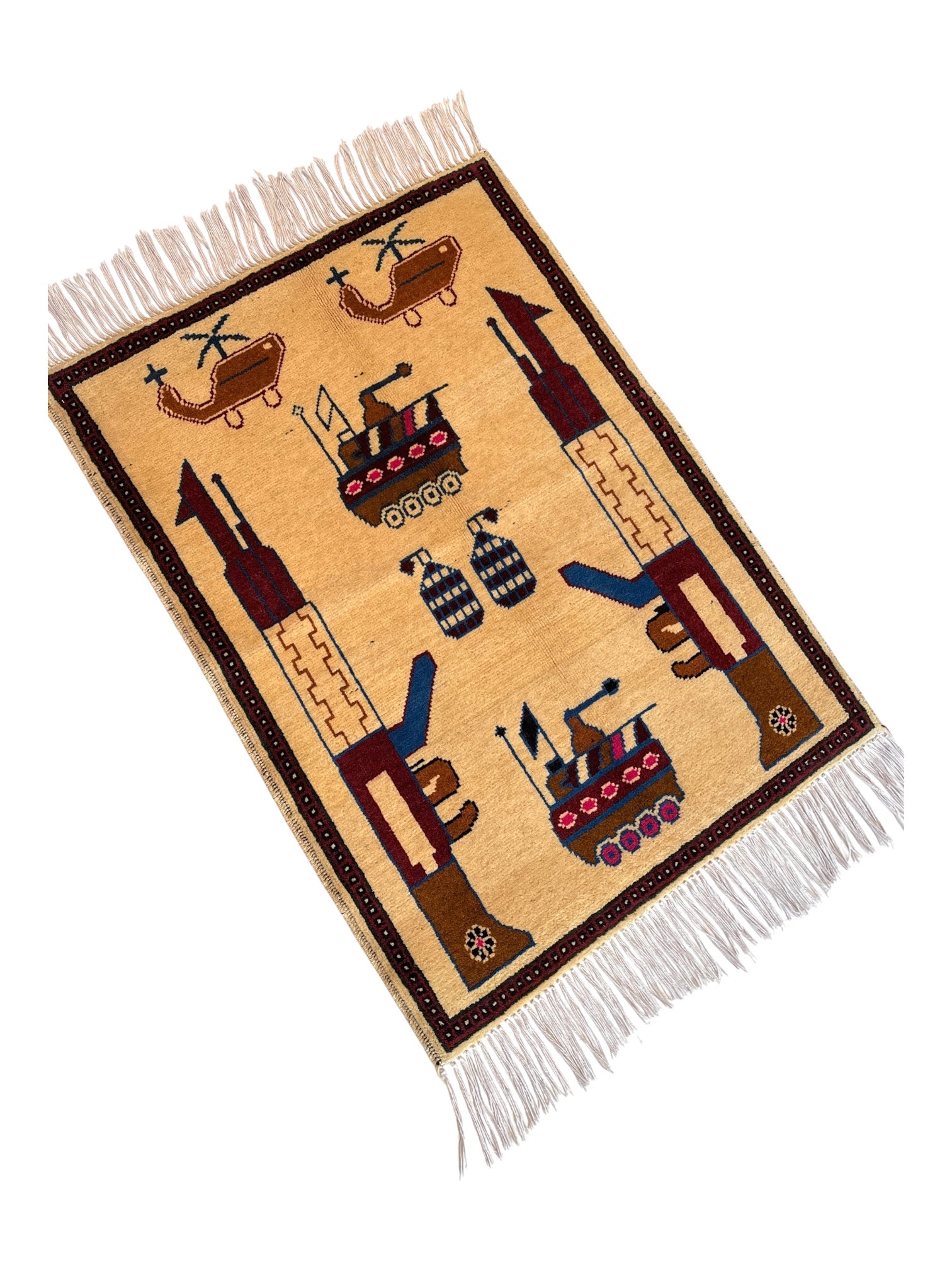 86cm x 63cm Pale Gold & Burgundy War Rug