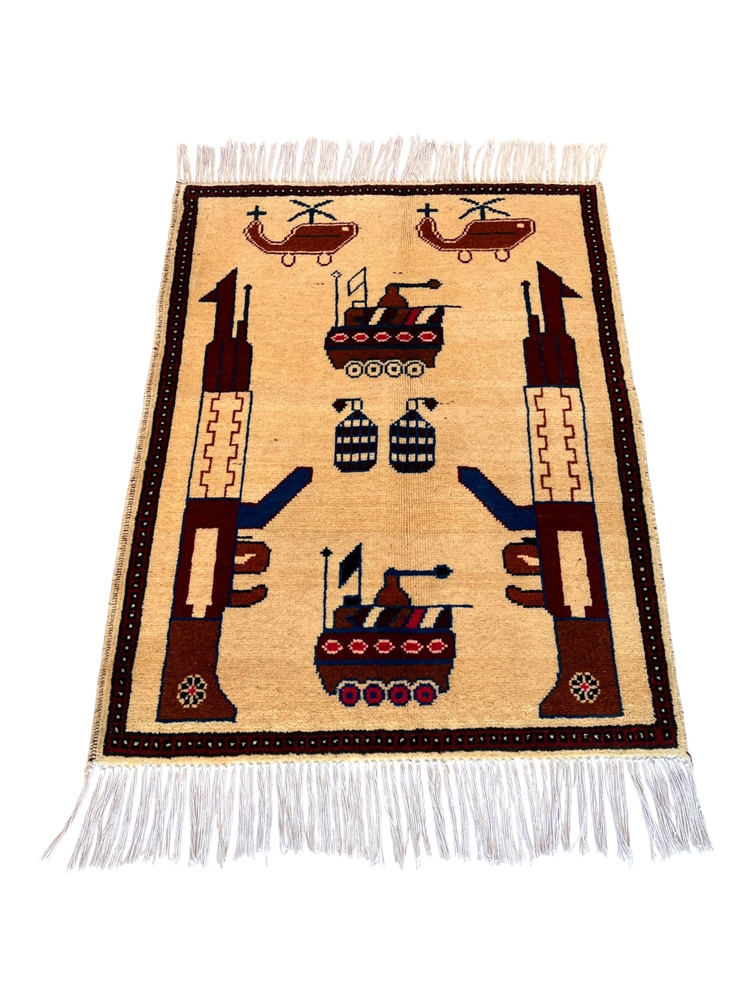 86cm x 63cm Pale Gold & Burgundy War Rug