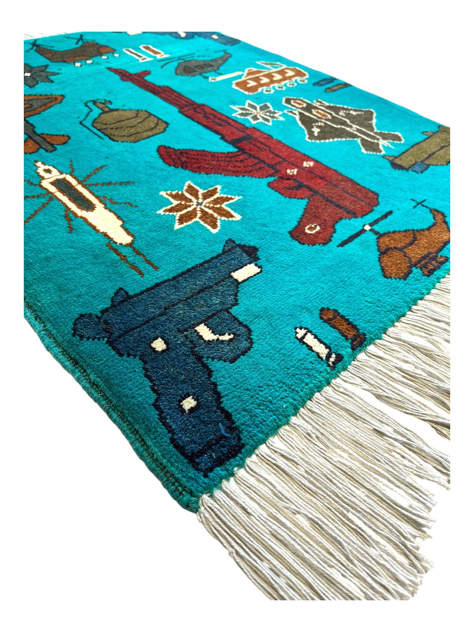 77cm x 64cm Teal & Burgundy Weapons War Rug