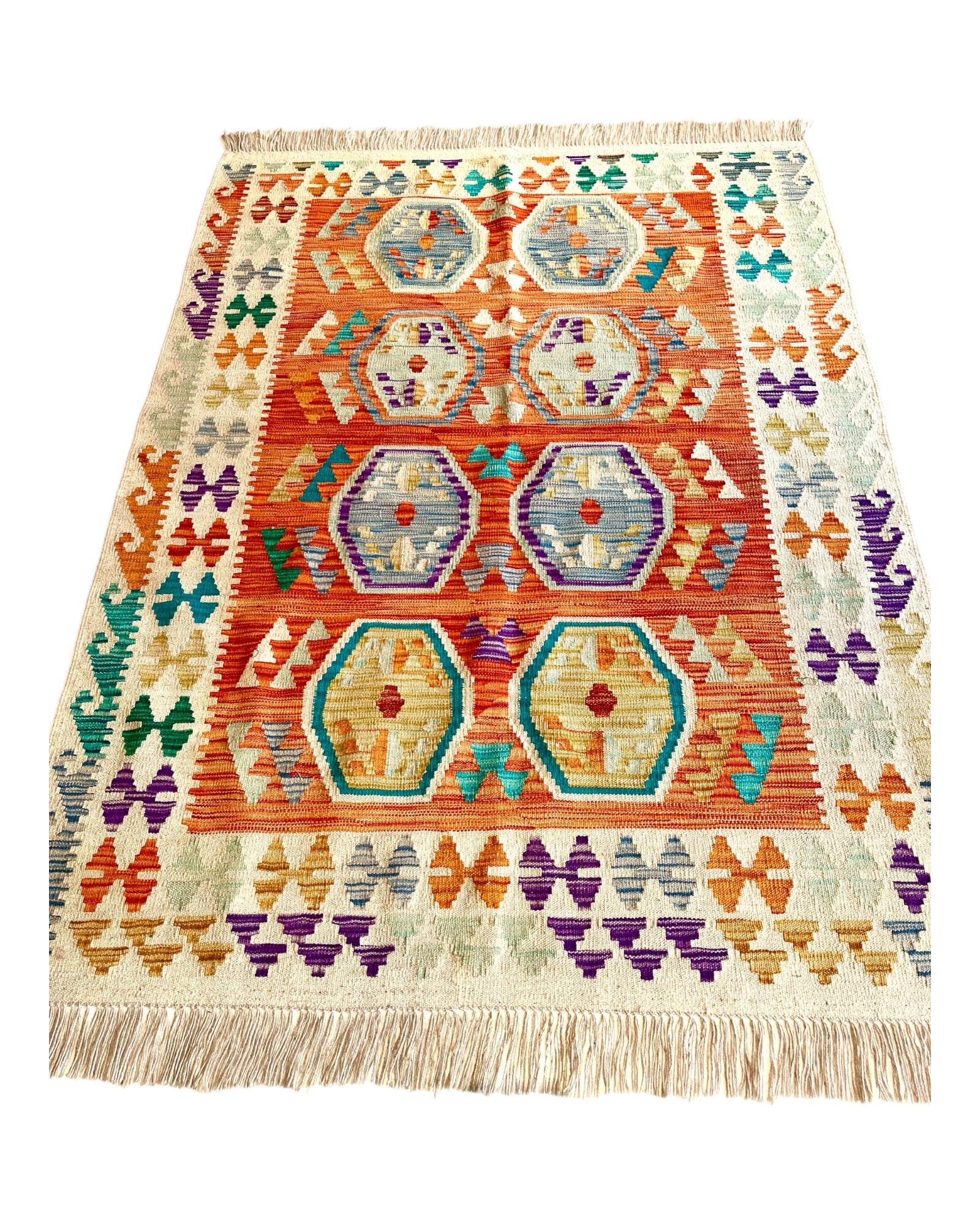 180cm x 130cm Orange & Cream Maymana Kilim