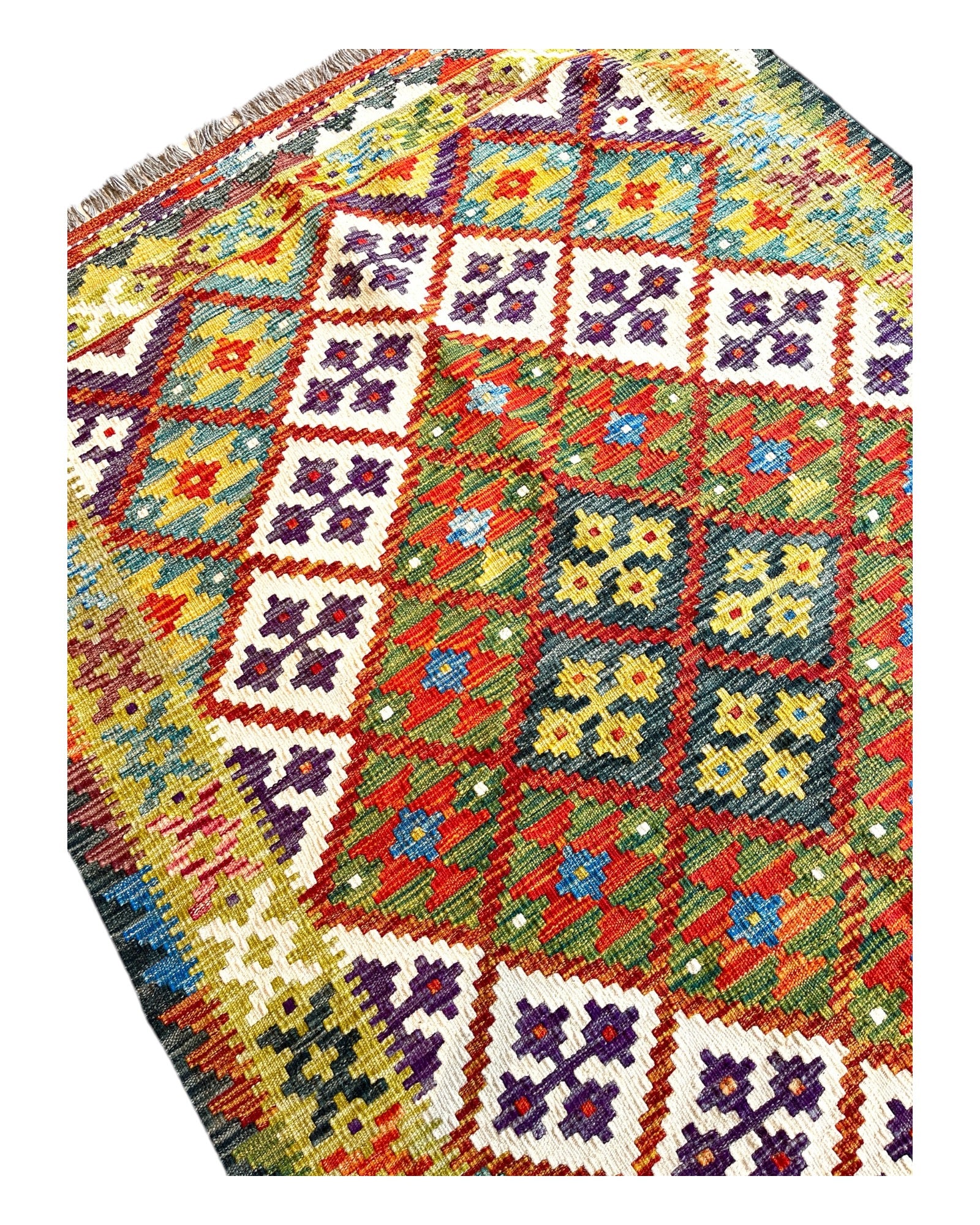 187cm x 125cm Green & Orange Maymana Kilim