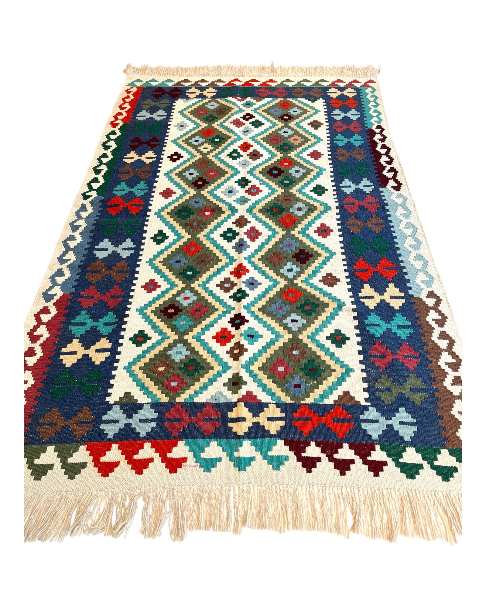 160cm x 102cm Cream & Blue Maymana Kilim