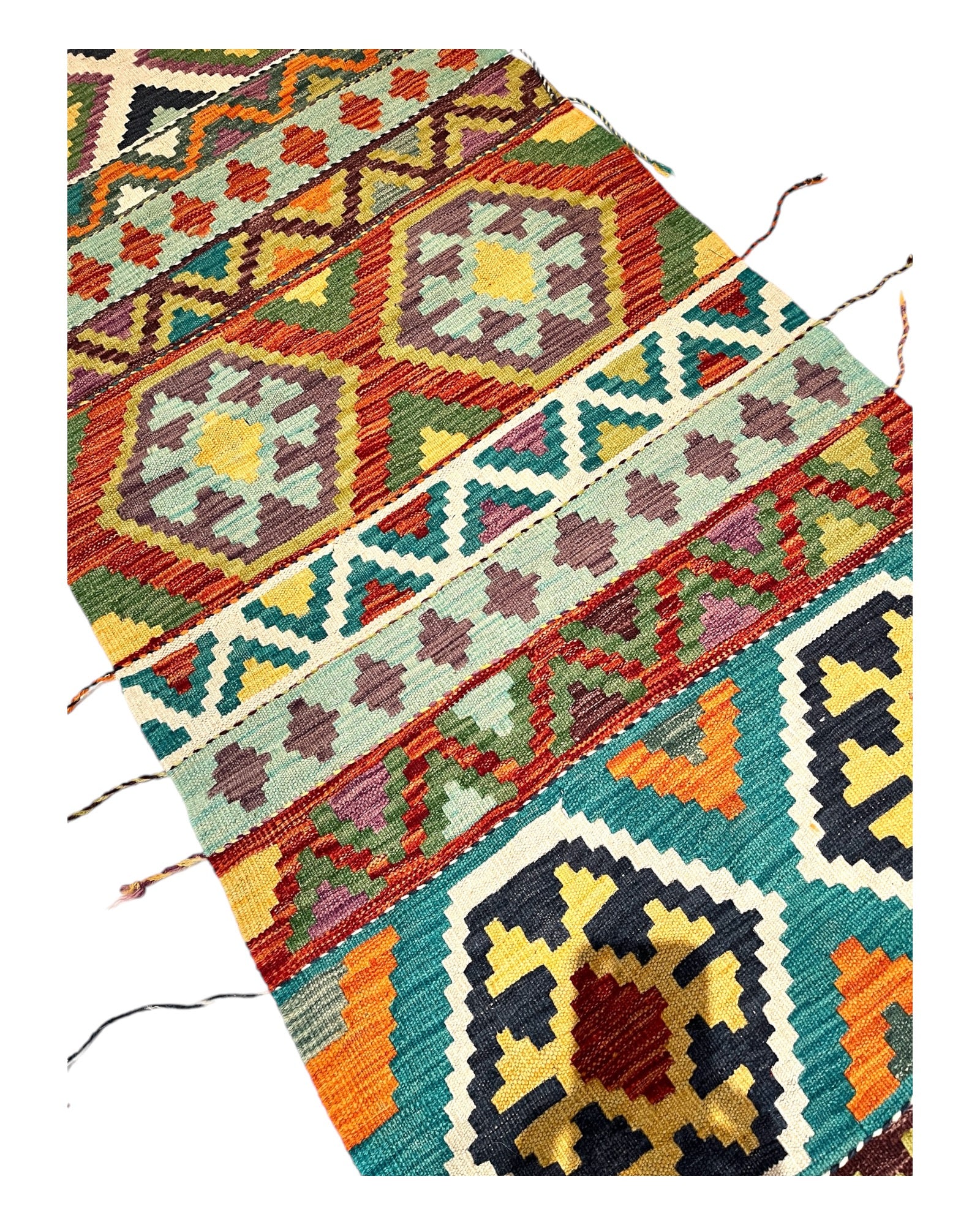 294cm x 76cm Colourful Orange & Teal Kilim Runner