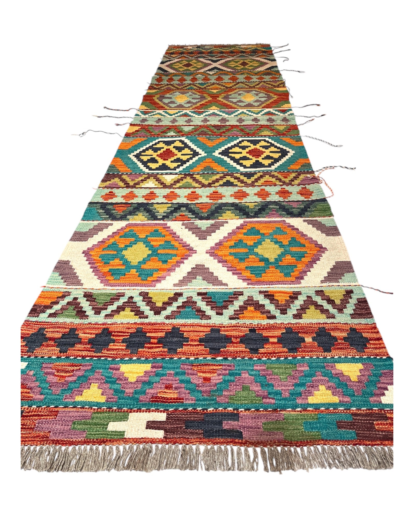 294cm x 76cm Colourful Orange & Teal Kilim Runner