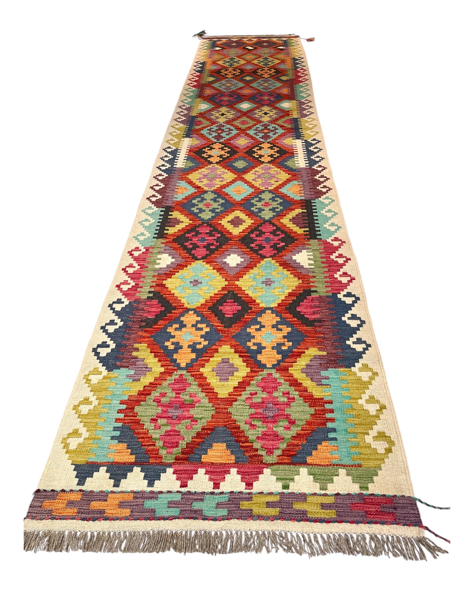 390cm x 80cm Colourful Diamond Kilim Runner