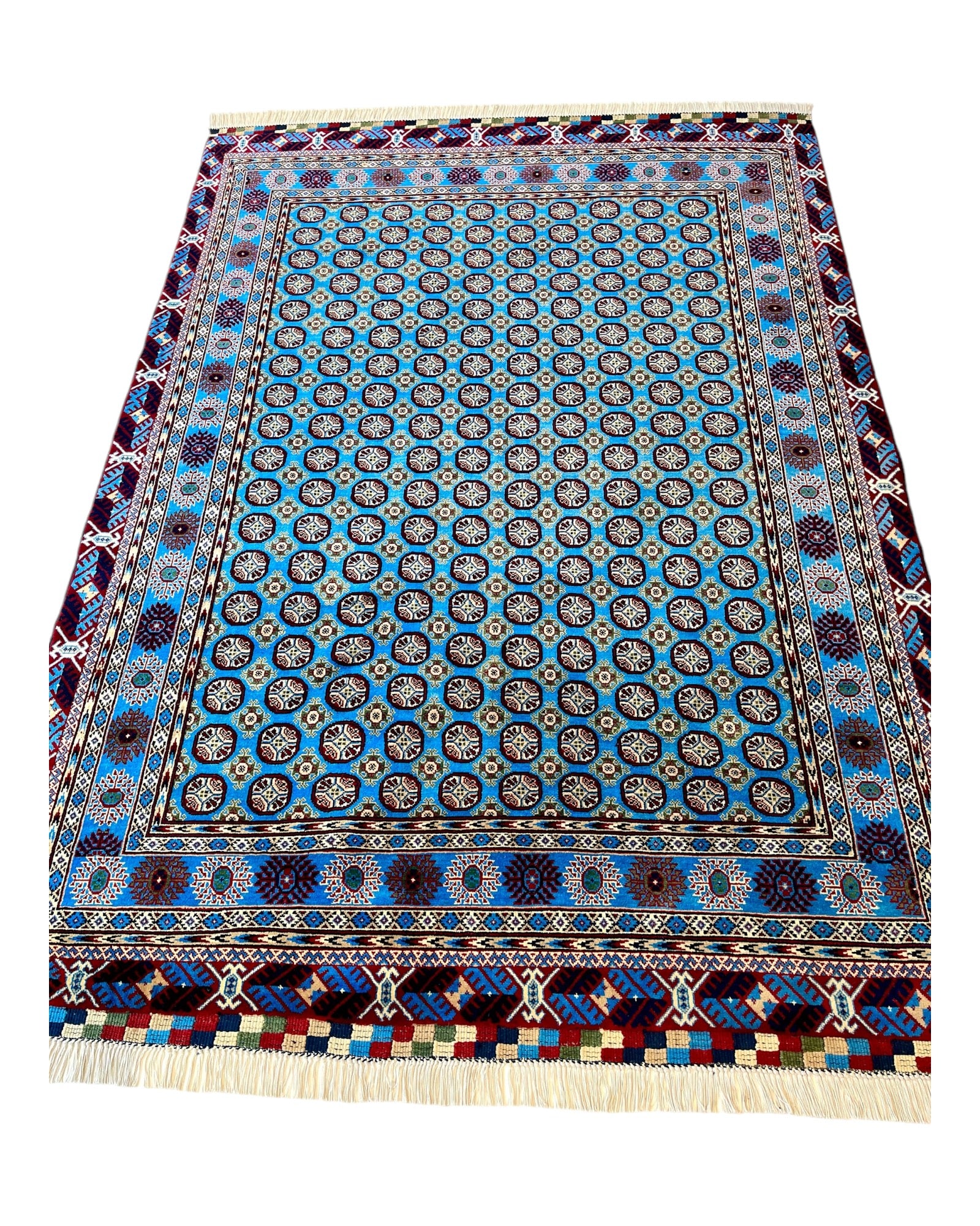 210cm x 150cm Blue & Red Fine Khuwaja Roshnai Rug