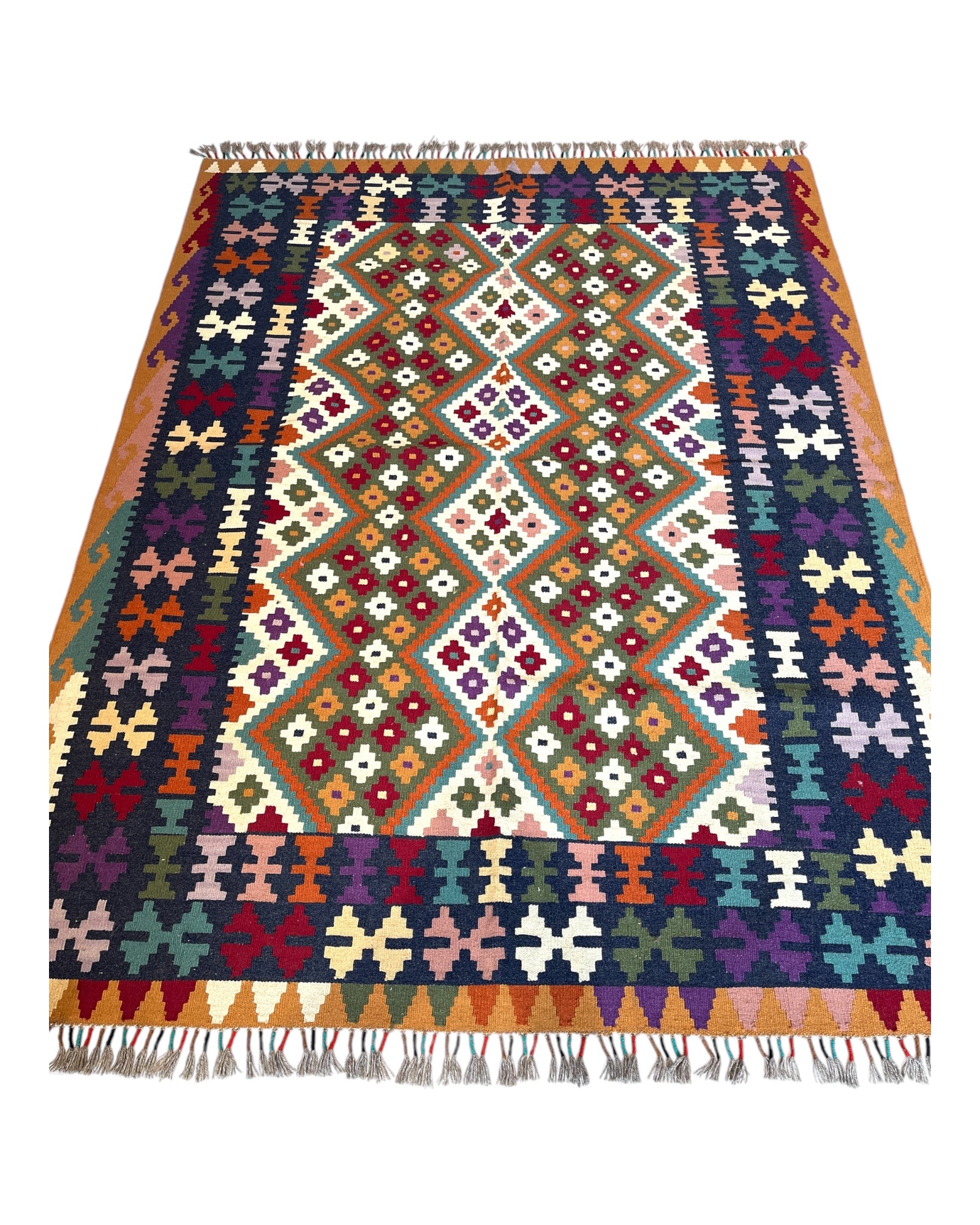 198cm x 150cm Blue & Green Diamond Maymana Kilim