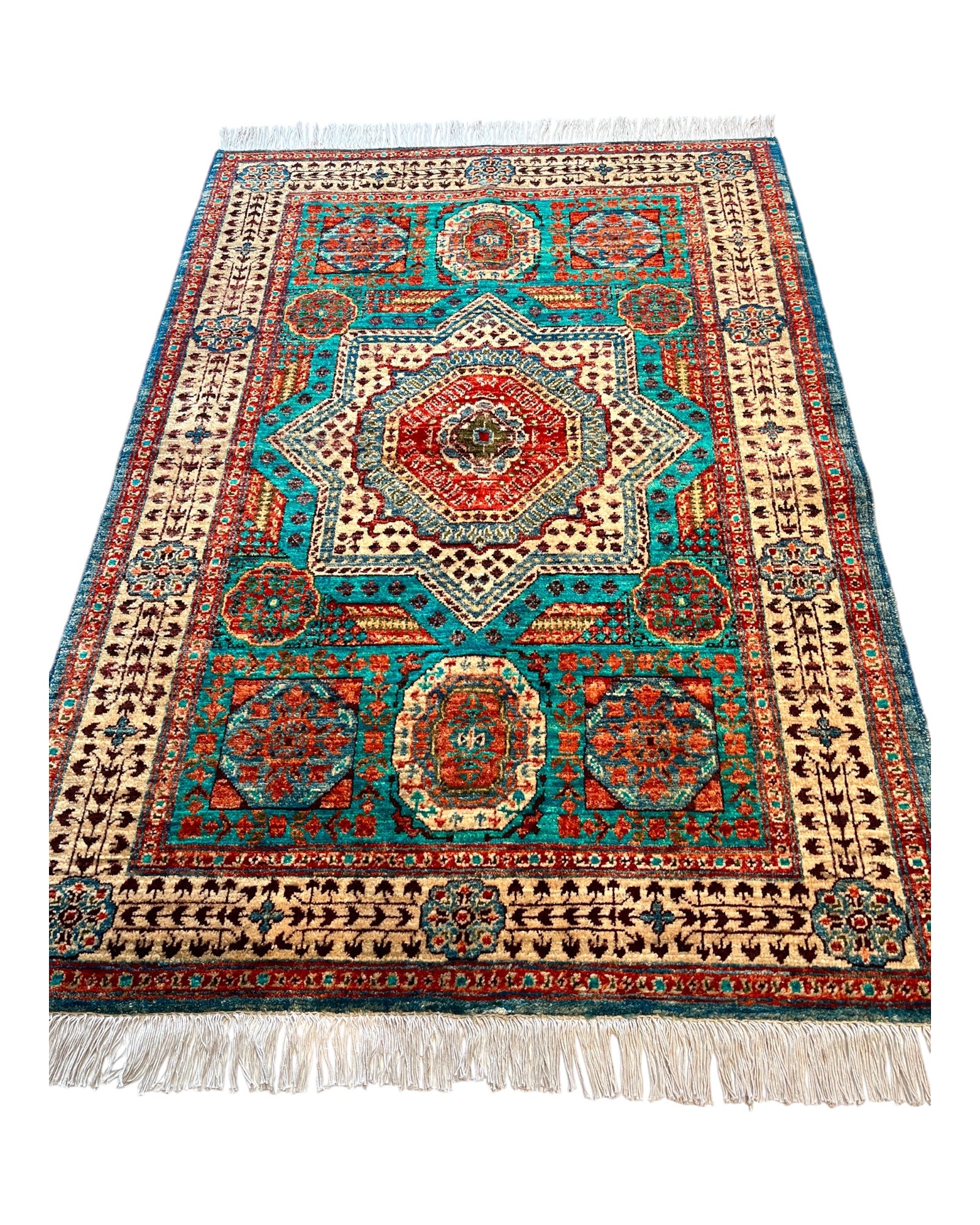 148cm x 104cm Red, Blue & Cream Afghan Rug