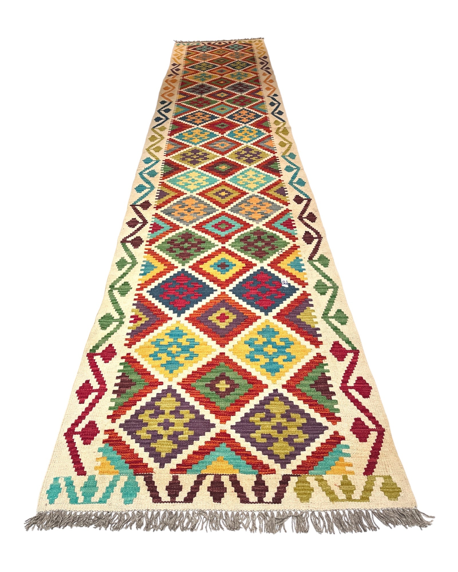 390cm x 80cm Red, Orange, Cream Kilim Runner