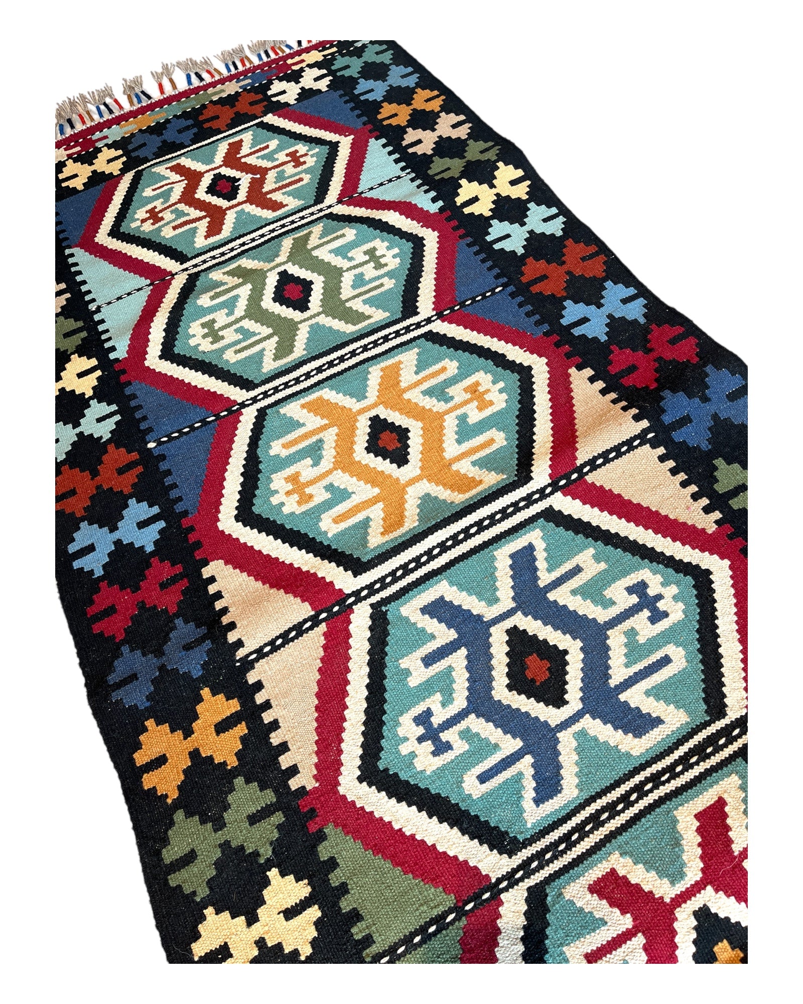 290cm x 80cm Black & Teal Maymana Kilim Runner