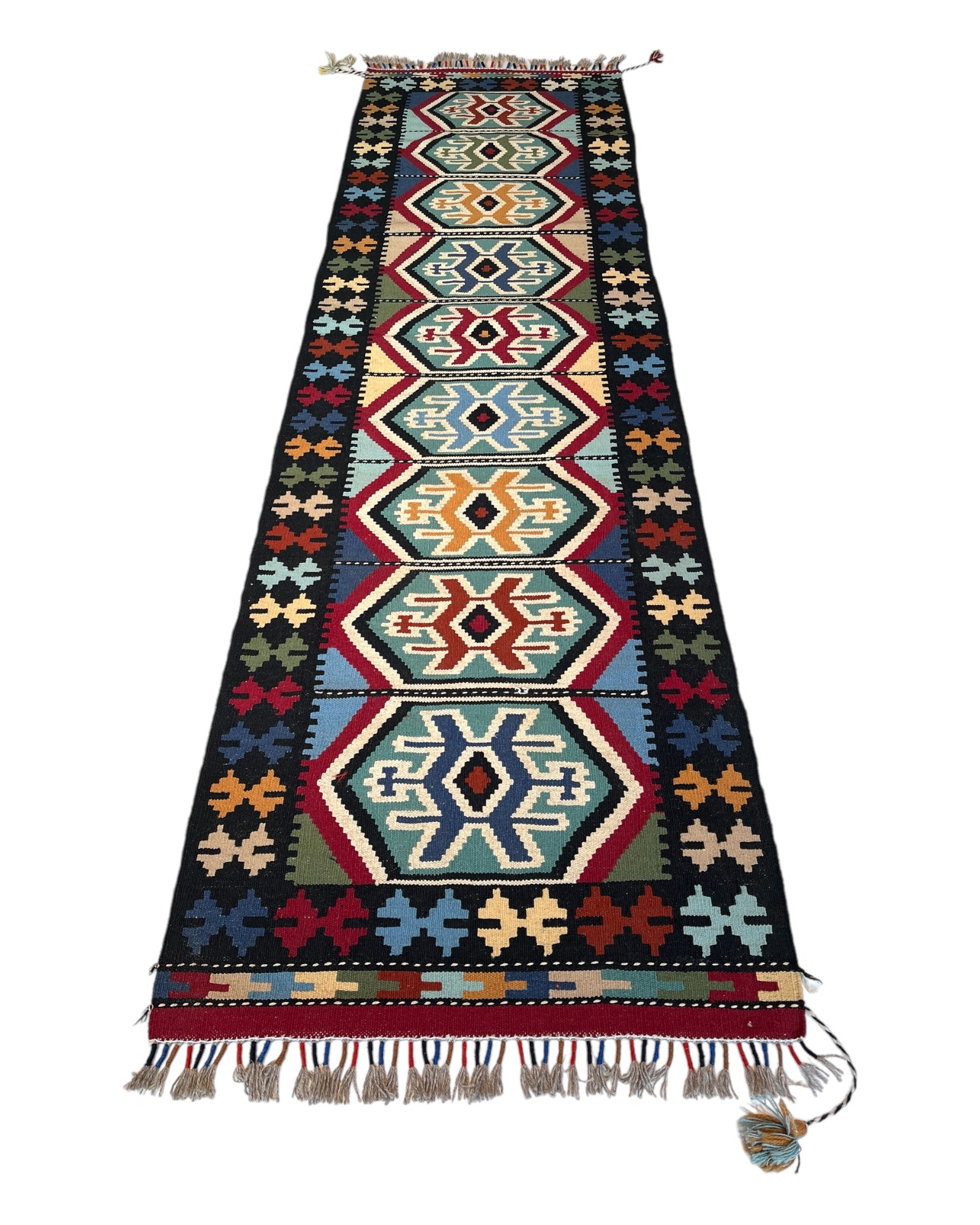 290cm x 80cm Black & Teal Maymana Kilim Runner