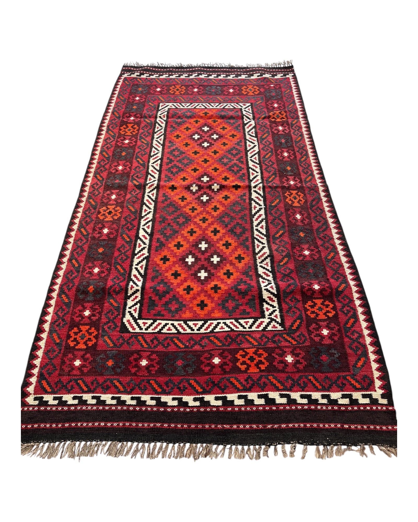 202cm x 102cm Burgundy & Orange Maymana Kilim Runner