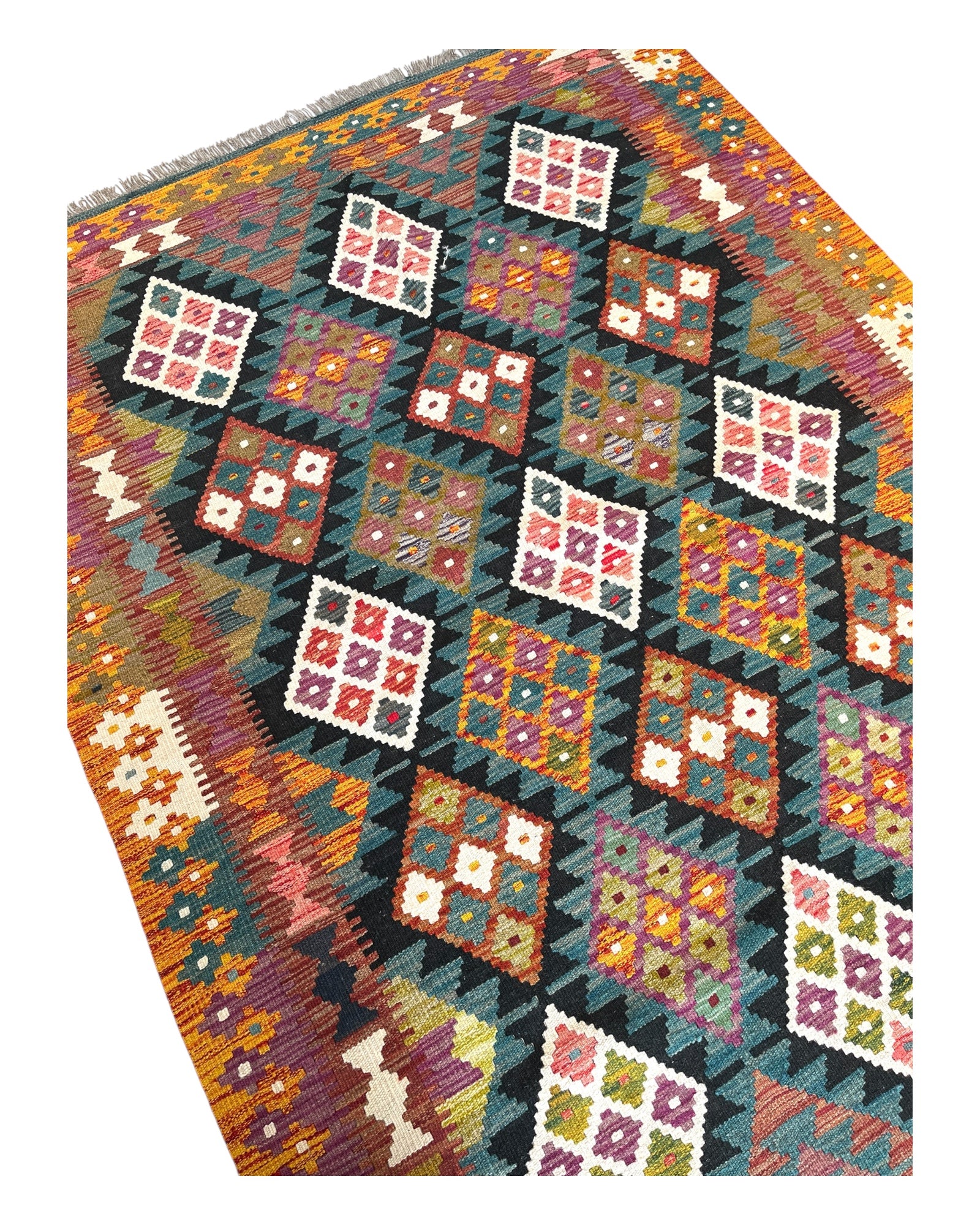 210cm x 150cm Orange & Black Maymana Kilim