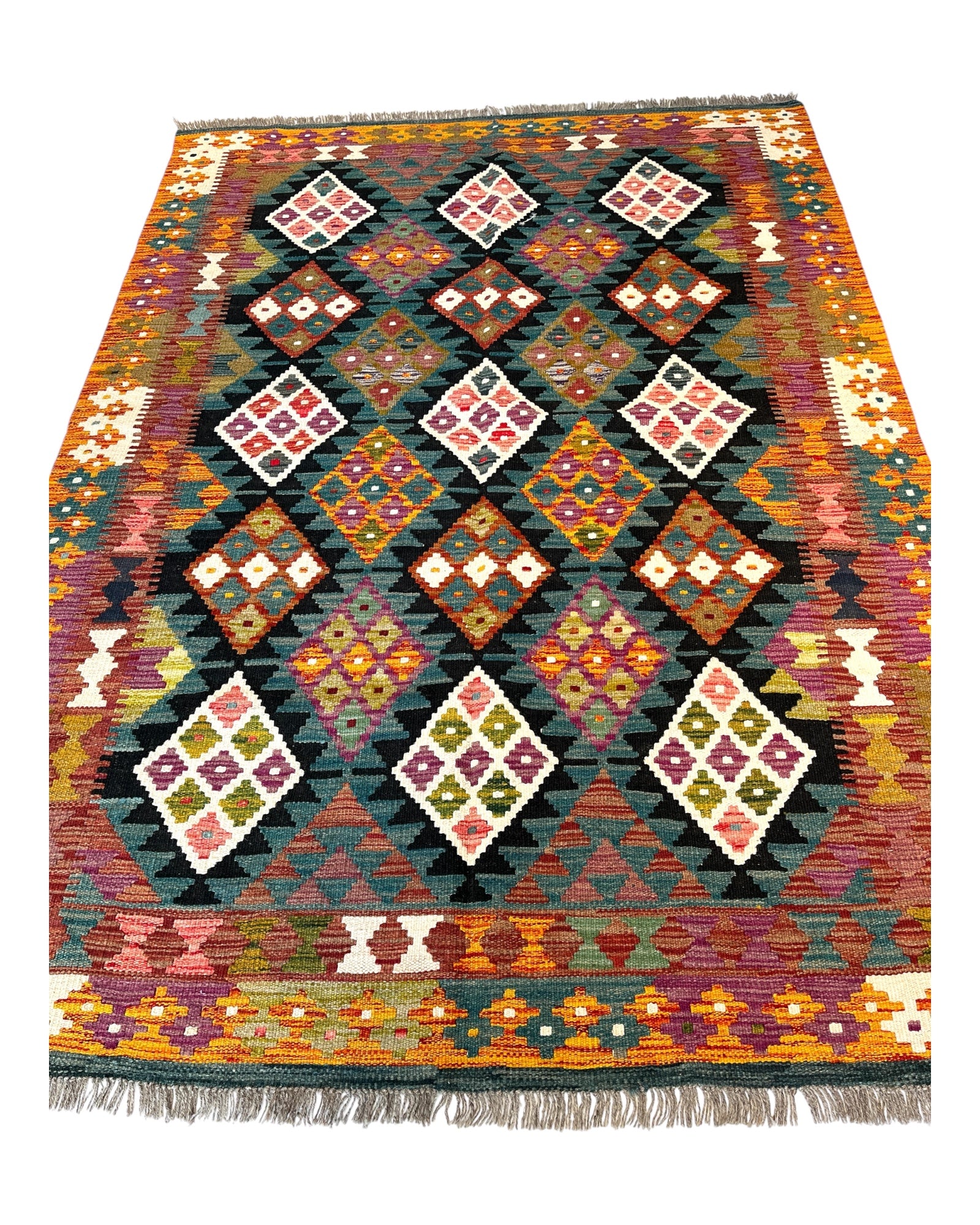 210cm x 150cm Orange & Black Maymana Kilim