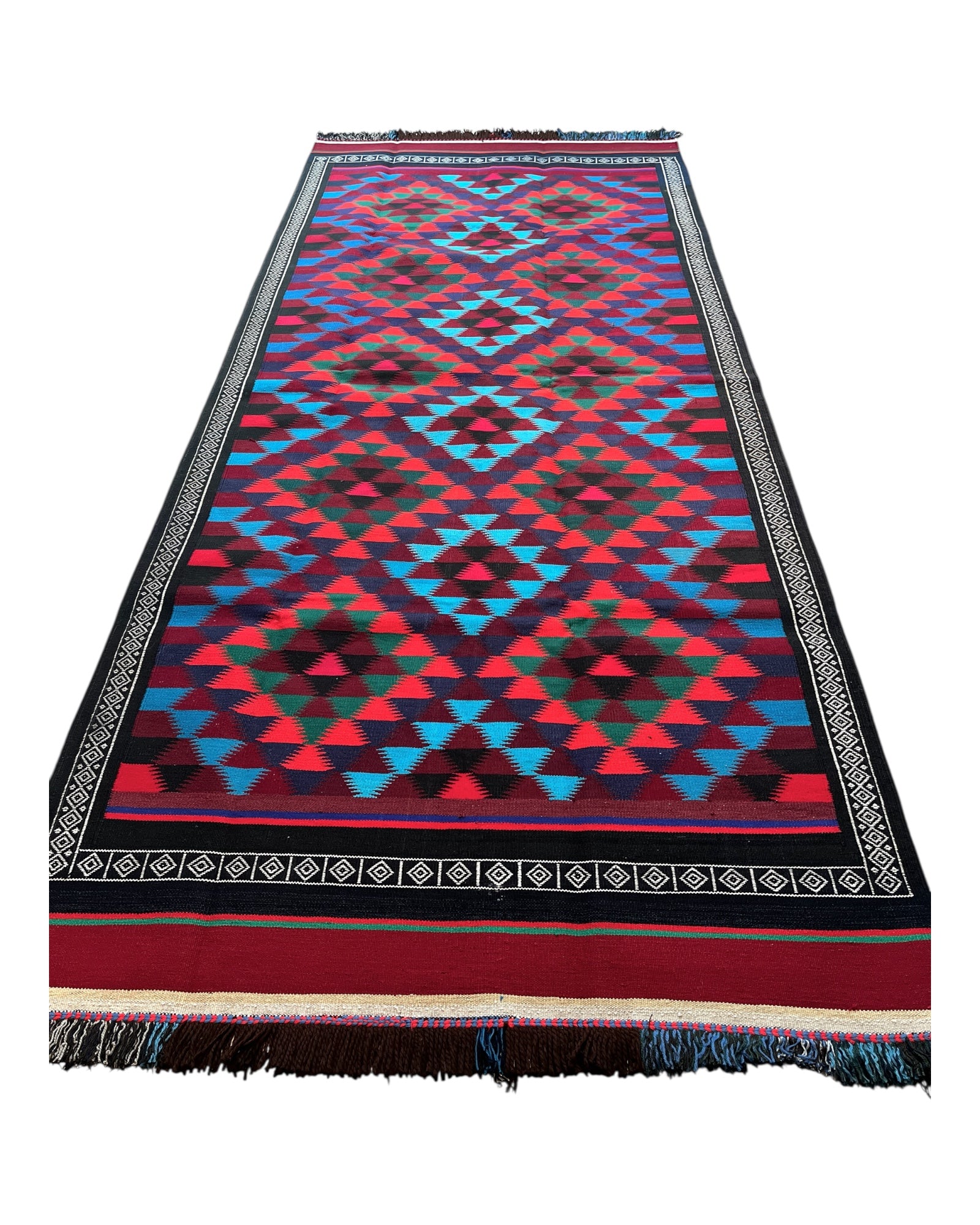 300cm x 130cm Red, Blue & Burgundy Plain Kilim Runner