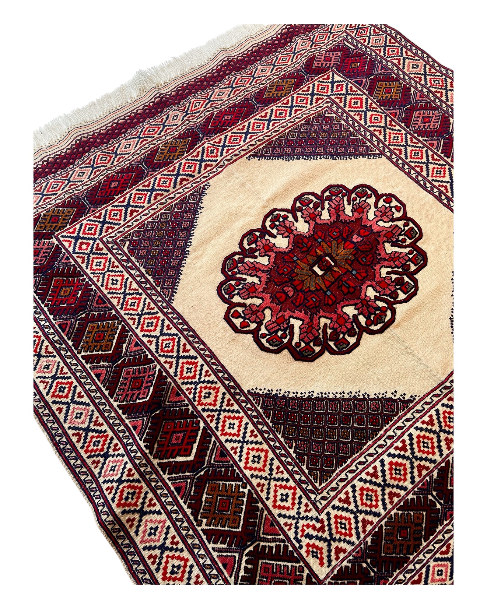 1.5m x 1.5m Cream & Burgundy Maliki Kilim