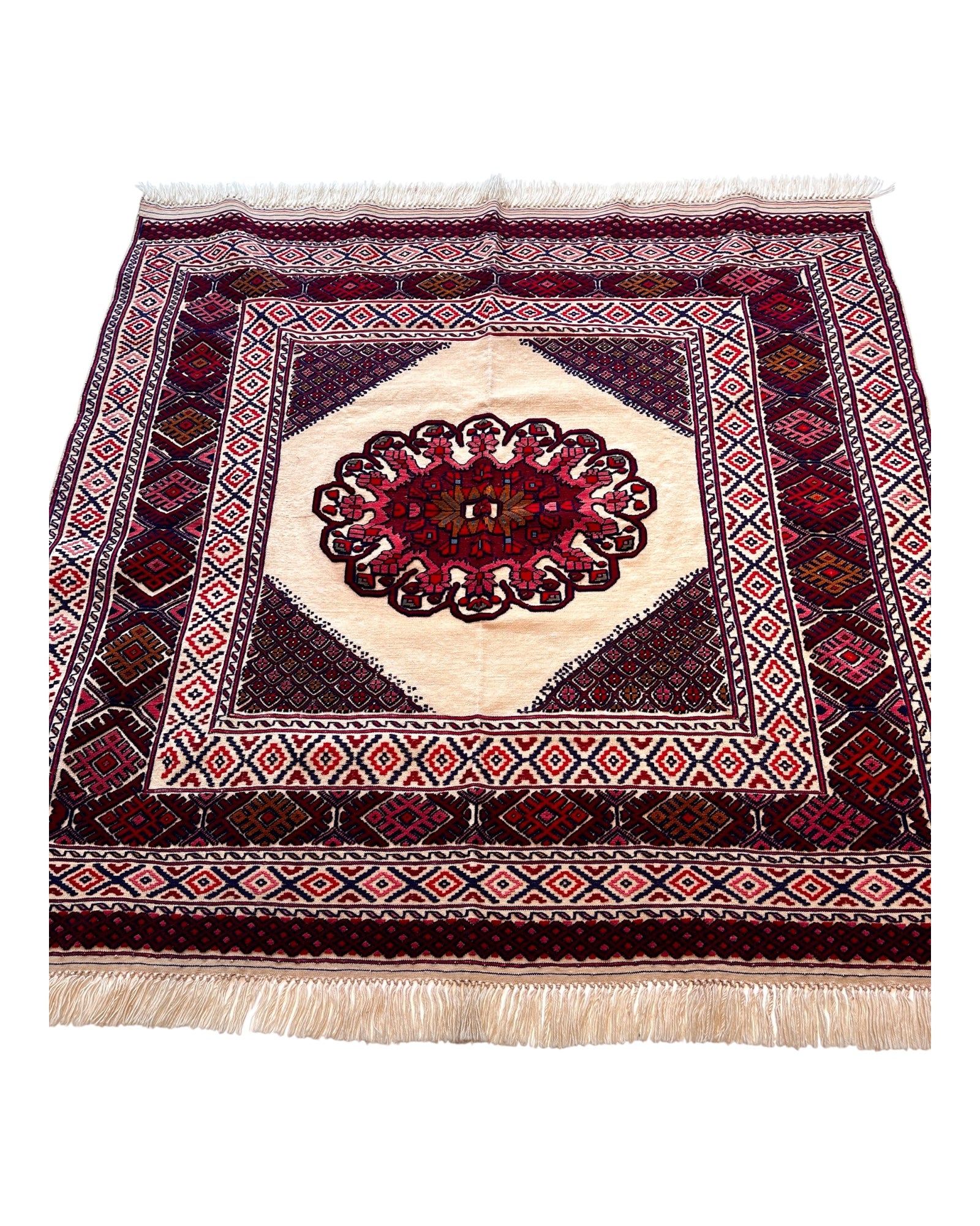 1.5m x 1.5m Cream & Burgundy Maliki Kilim