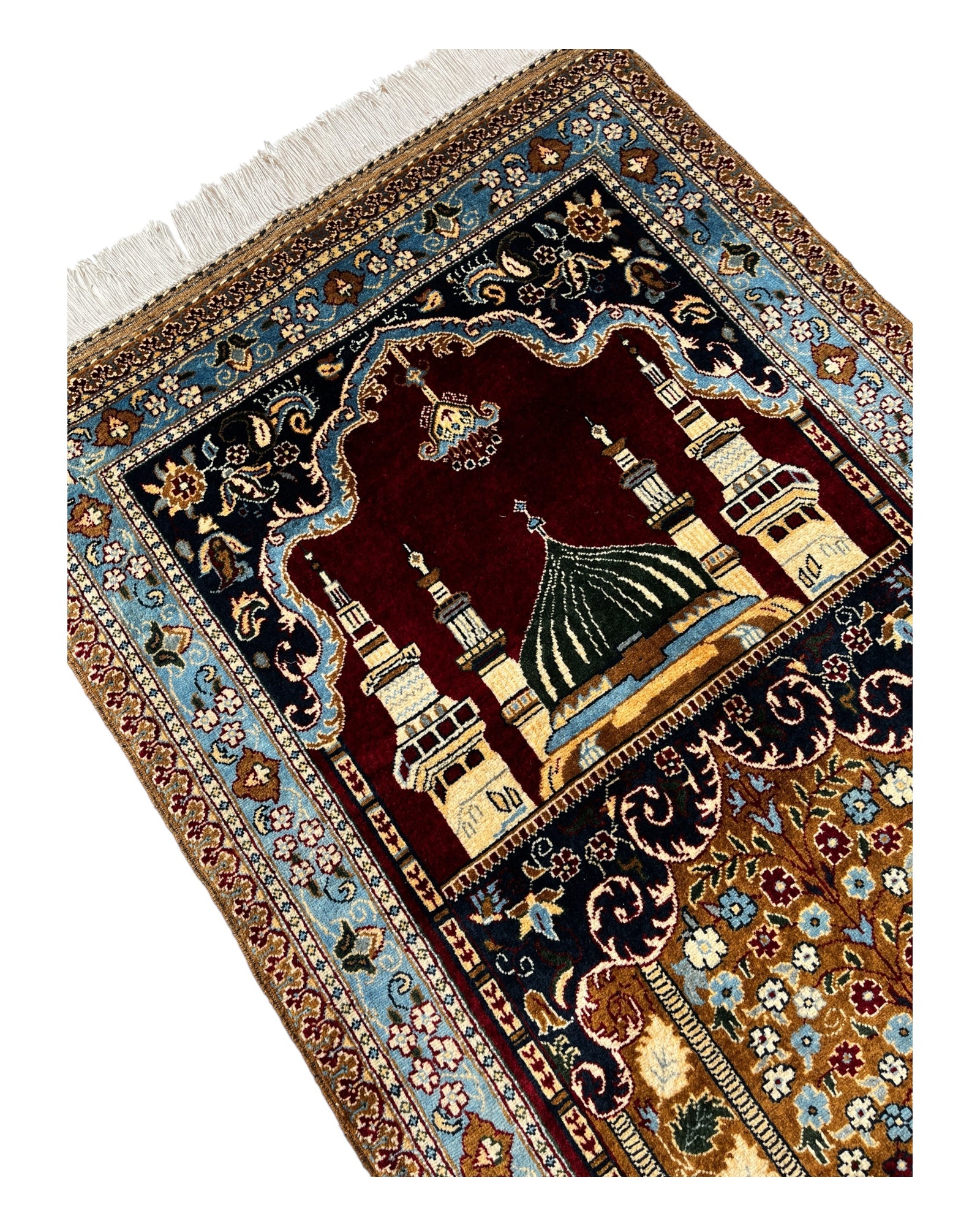 127cm x 88cm Burgundy, Blue & Gold Prayer Rug