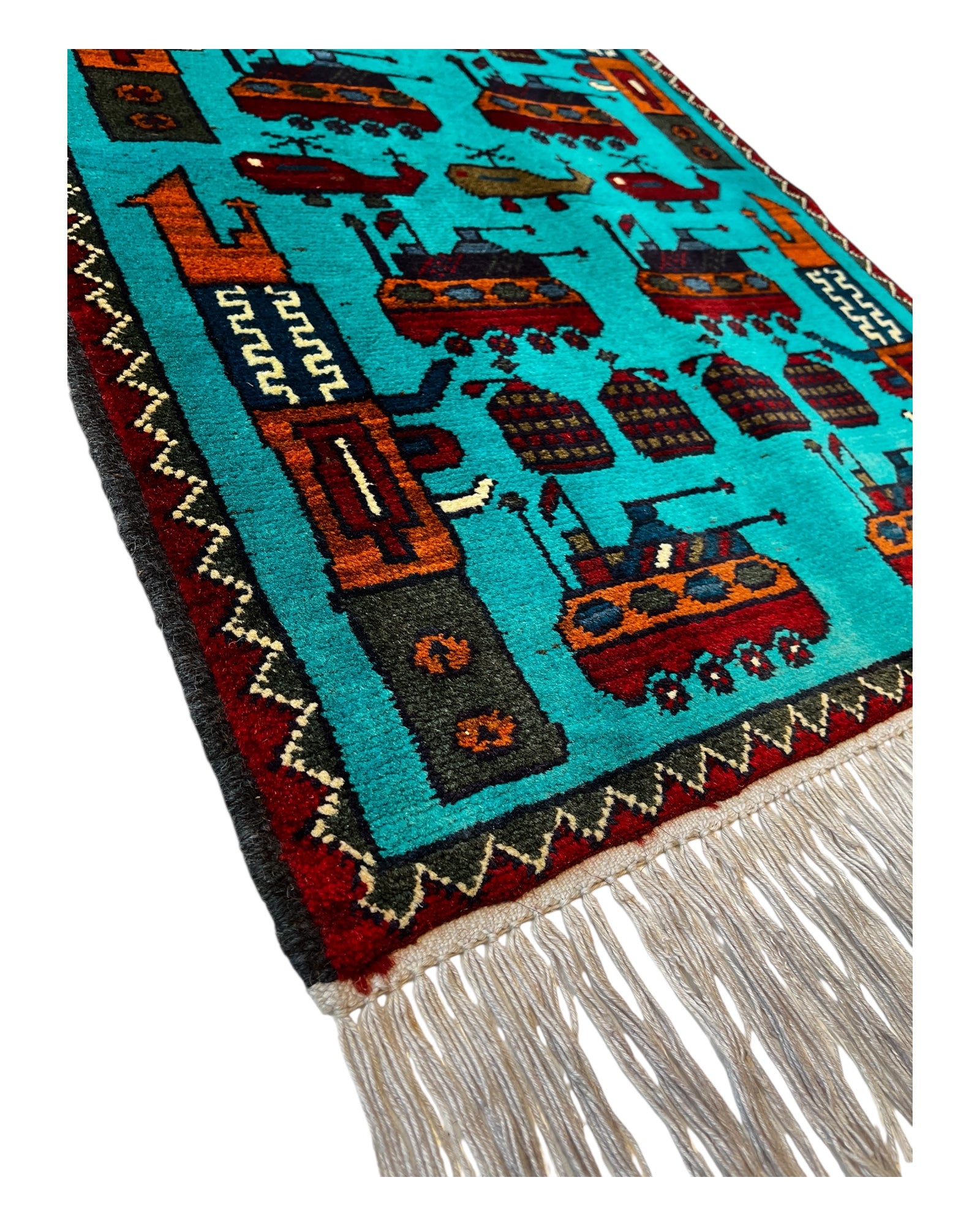 78cm x 58cm Turquoise & Burgundy War Rug