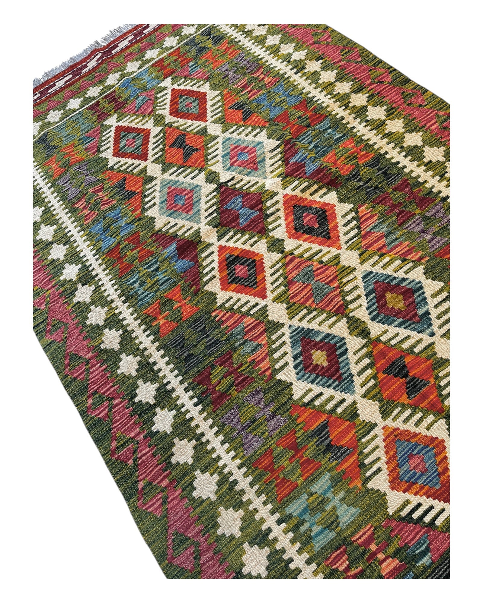 190cm x 115cm Green & Pink Maymana Kilim
