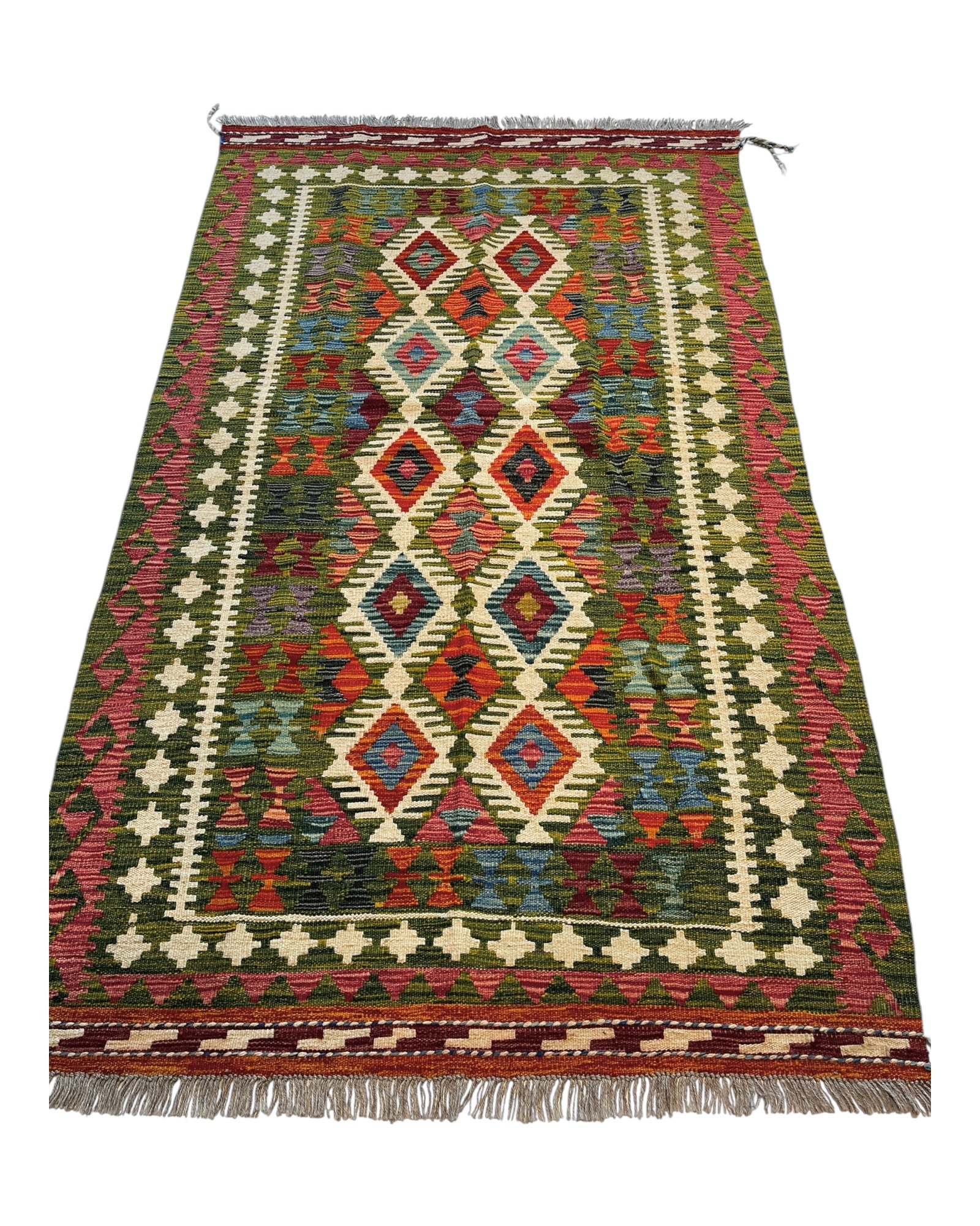 190cm x 115cm Green & Pink Maymana Kilim