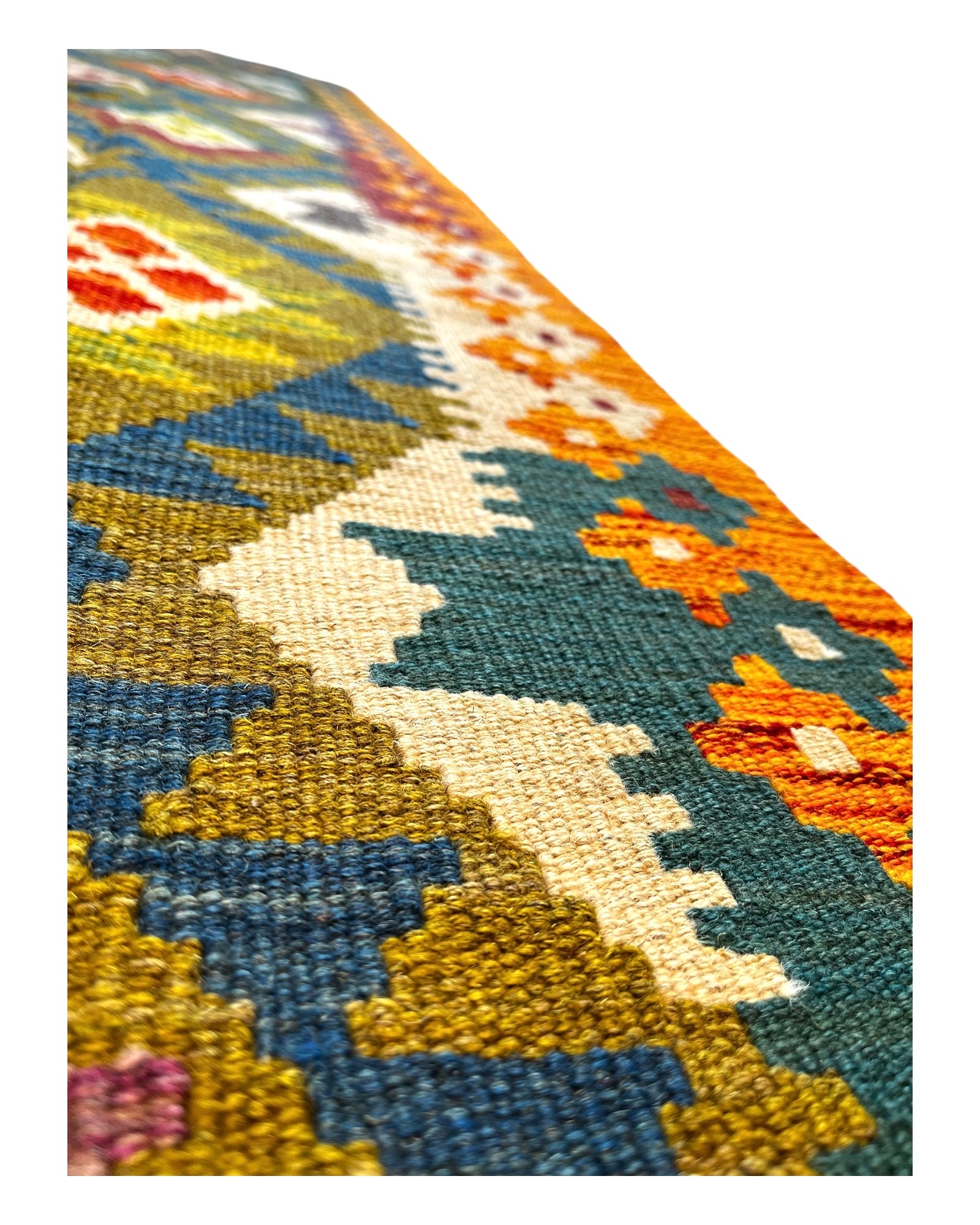 397cm x 80cm Orange & Teal Maymana Kilim Runner