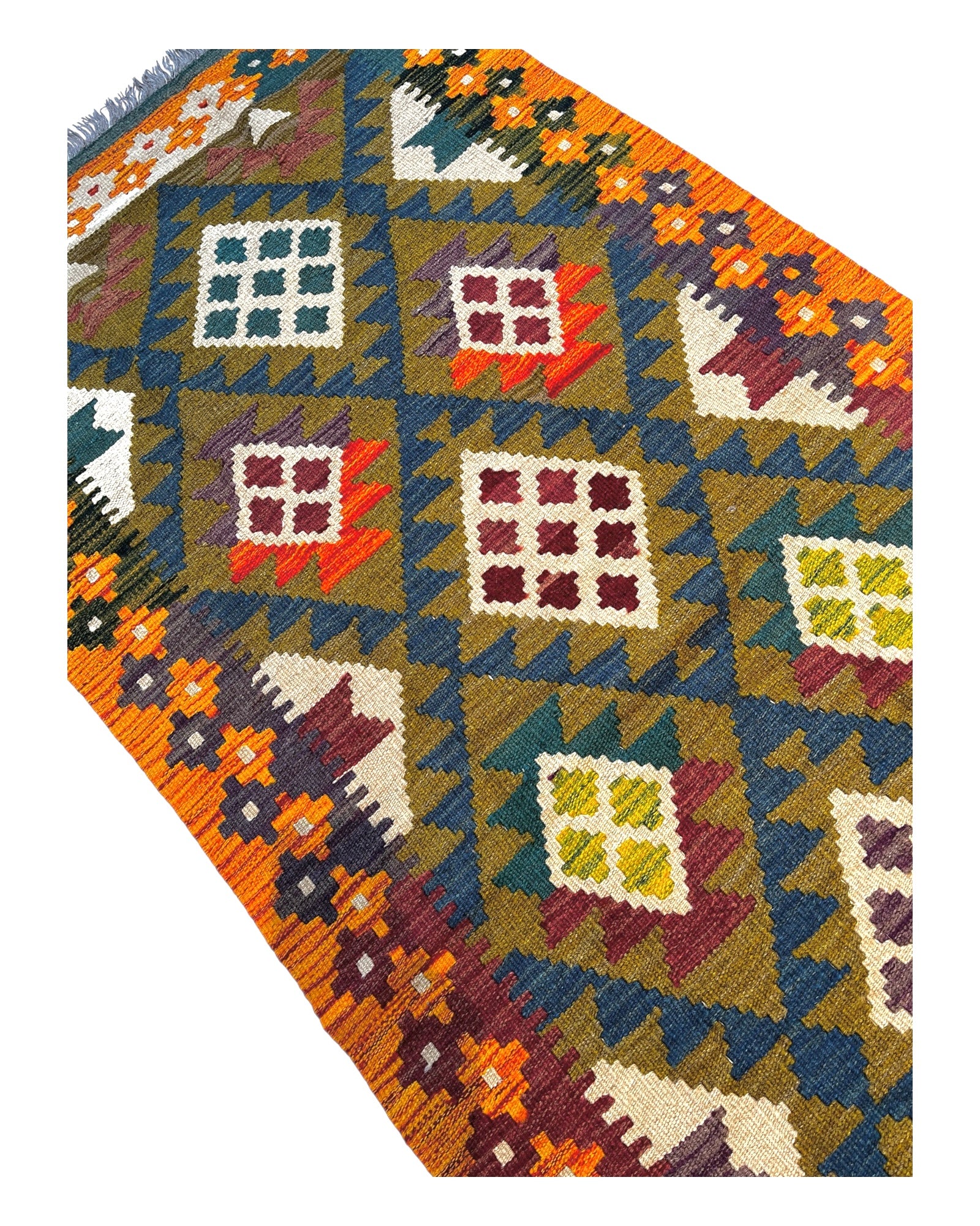 397cm x 80cm Orange & Teal Maymana Kilim Runner