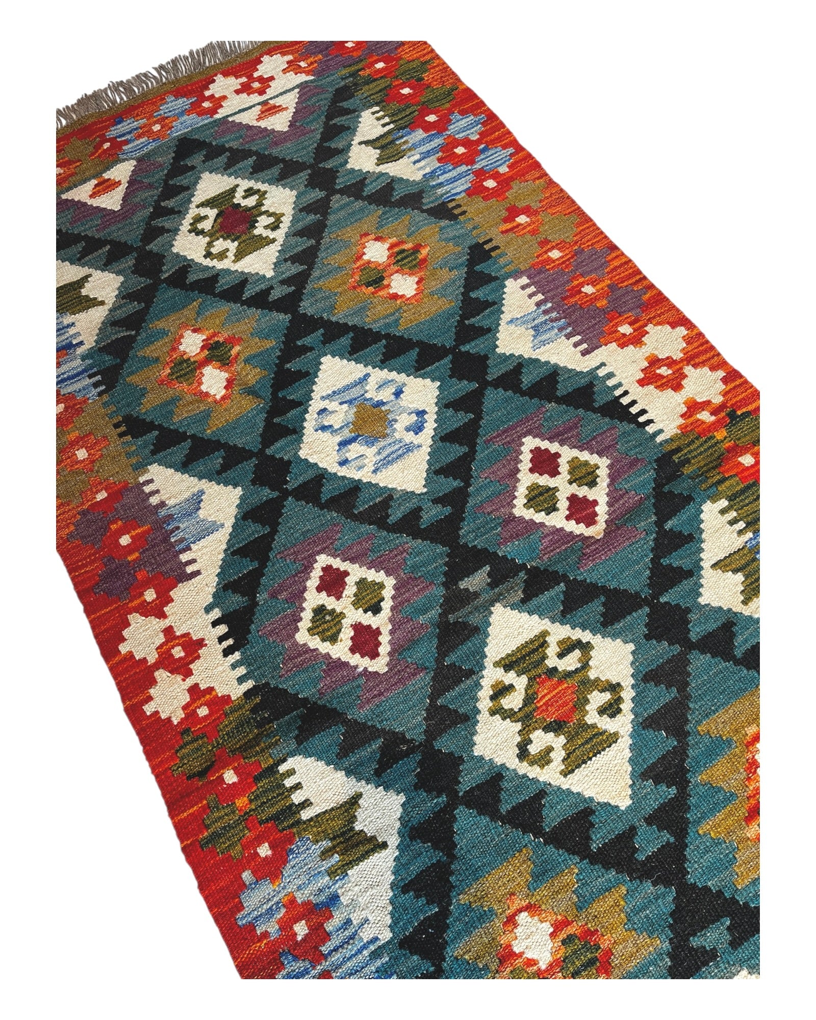 308cm x 82cm Teal & Orange Maymana Kilim Runner