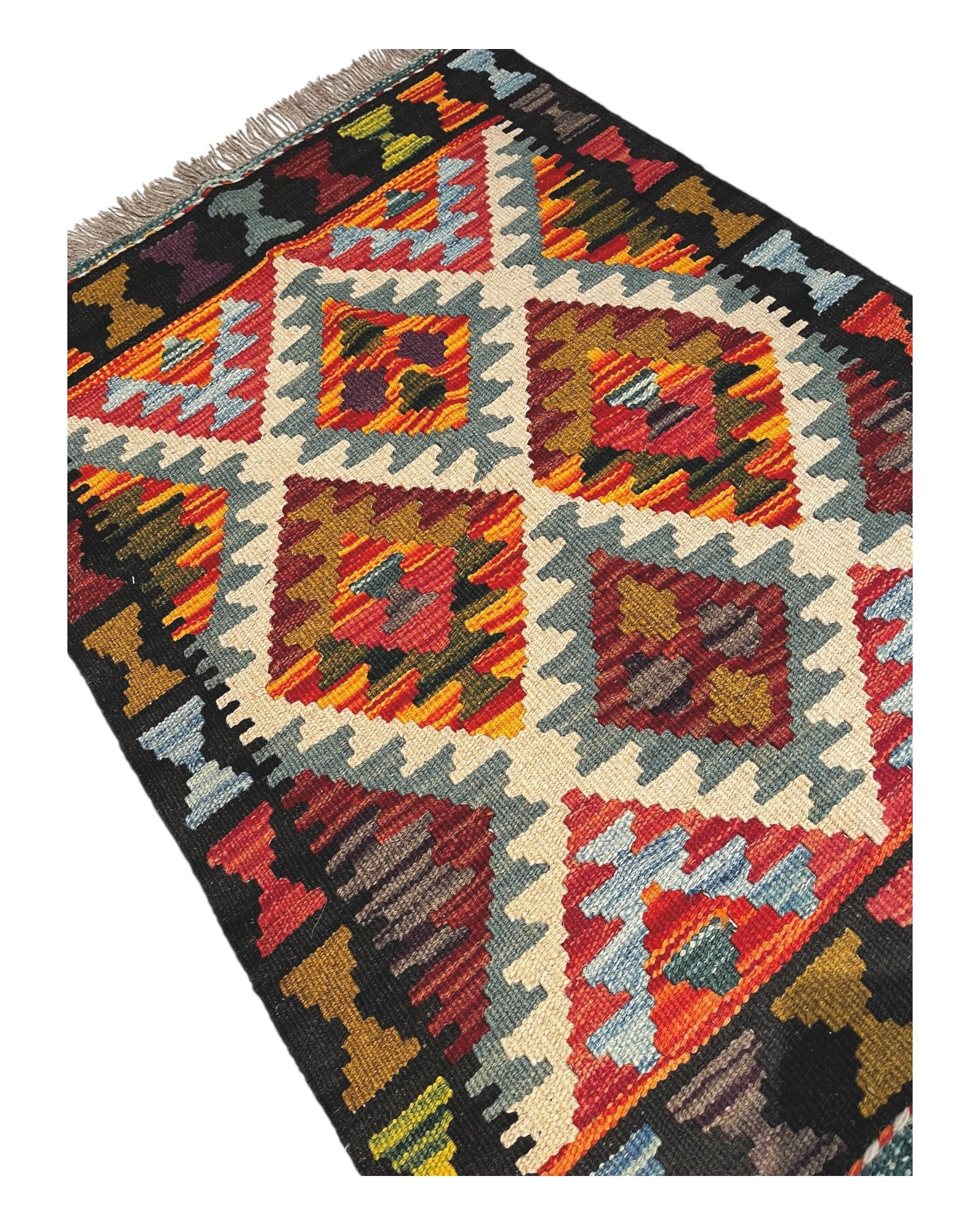 87cm x 62cm Black, Cream & Orange Maymana Kilim Doormat