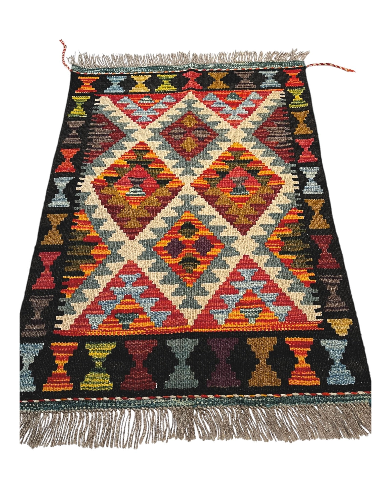 87cm x 62cm Black, Cream & Orange Maymana Kilim Doormat