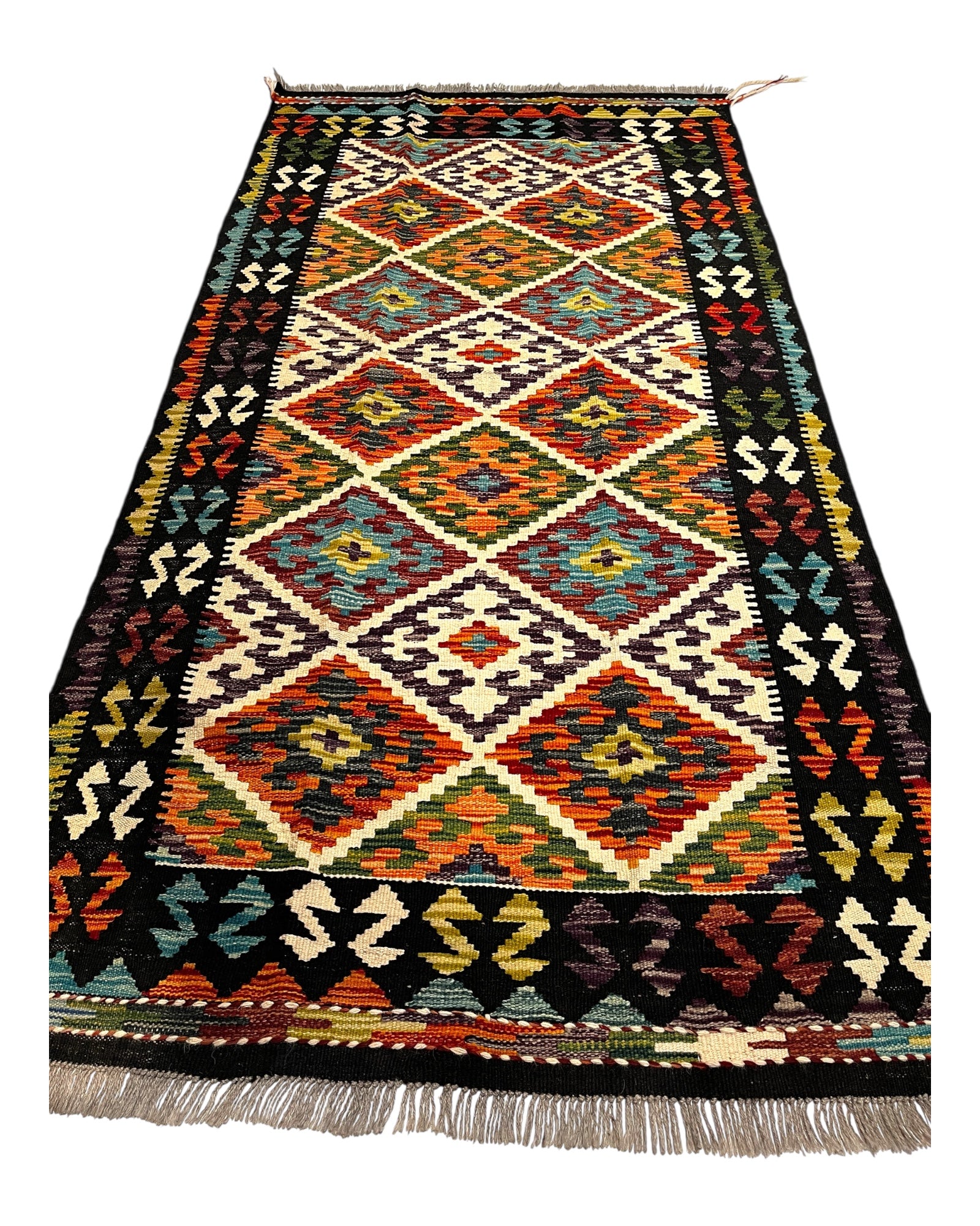 198cm x 100cm Orange & Black Maymana Kilim Runner