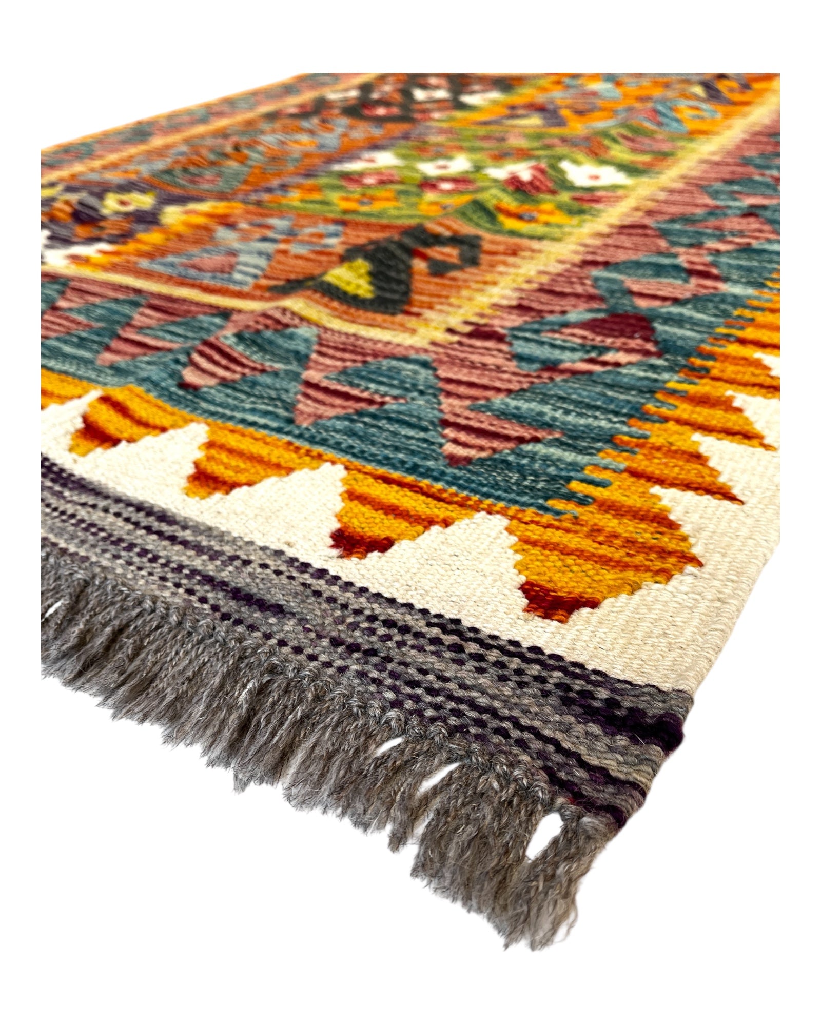 206cm x 97cm Orange & Turquoise Maymana Kilim Runner