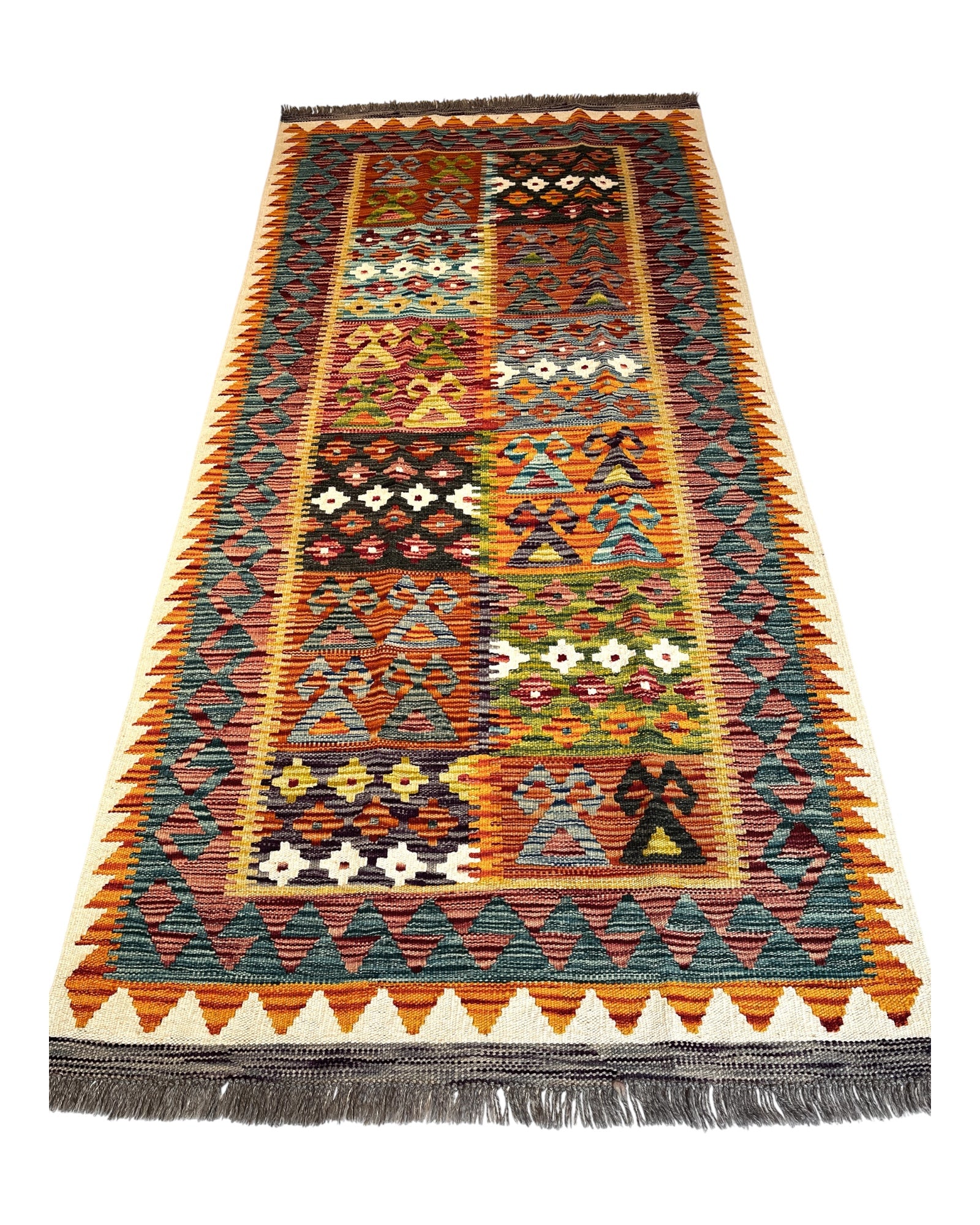 206cm x 97cm Orange & Turquoise Maymana Kilim Runner